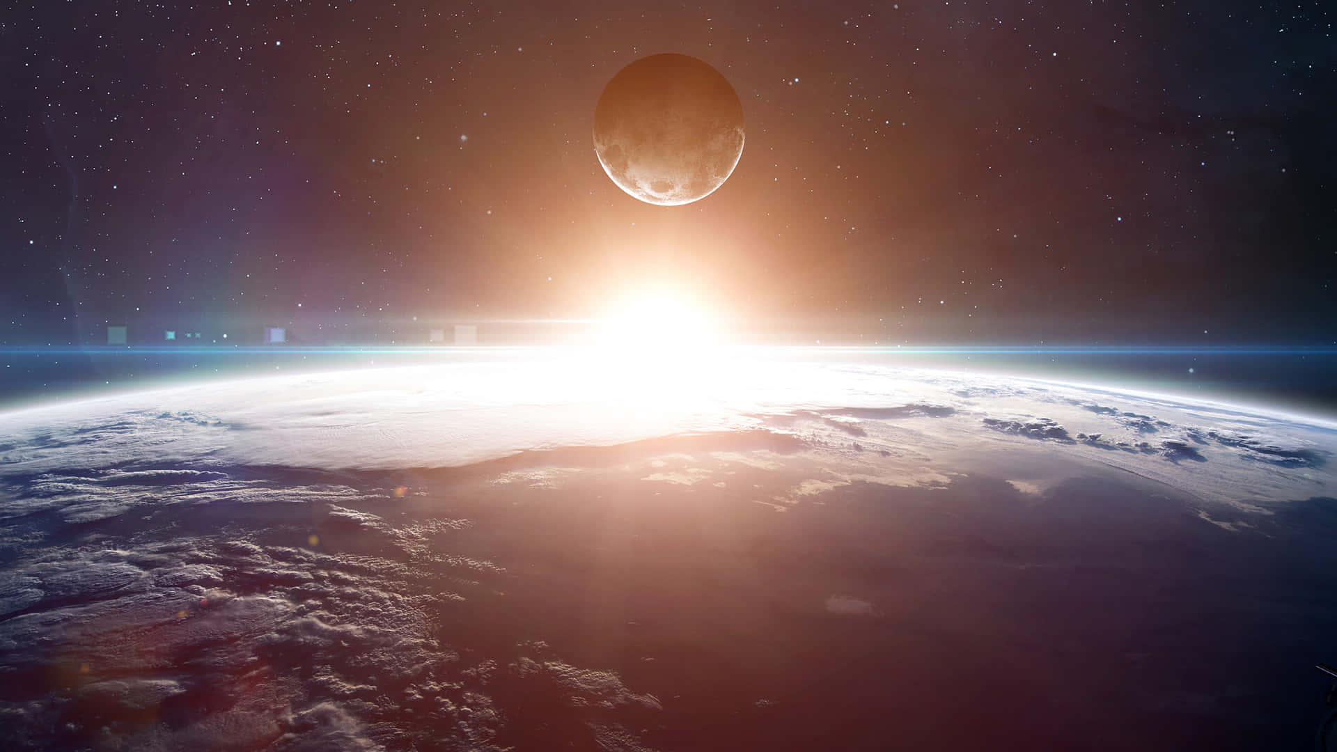 Awe-inspiring 桌布 壁紙 — 從太空俯瞰地球日出時分的壯麗景象，一輪發光的太陽和一輪巨大的月亮懸掛在彎曲的地平線之上。
