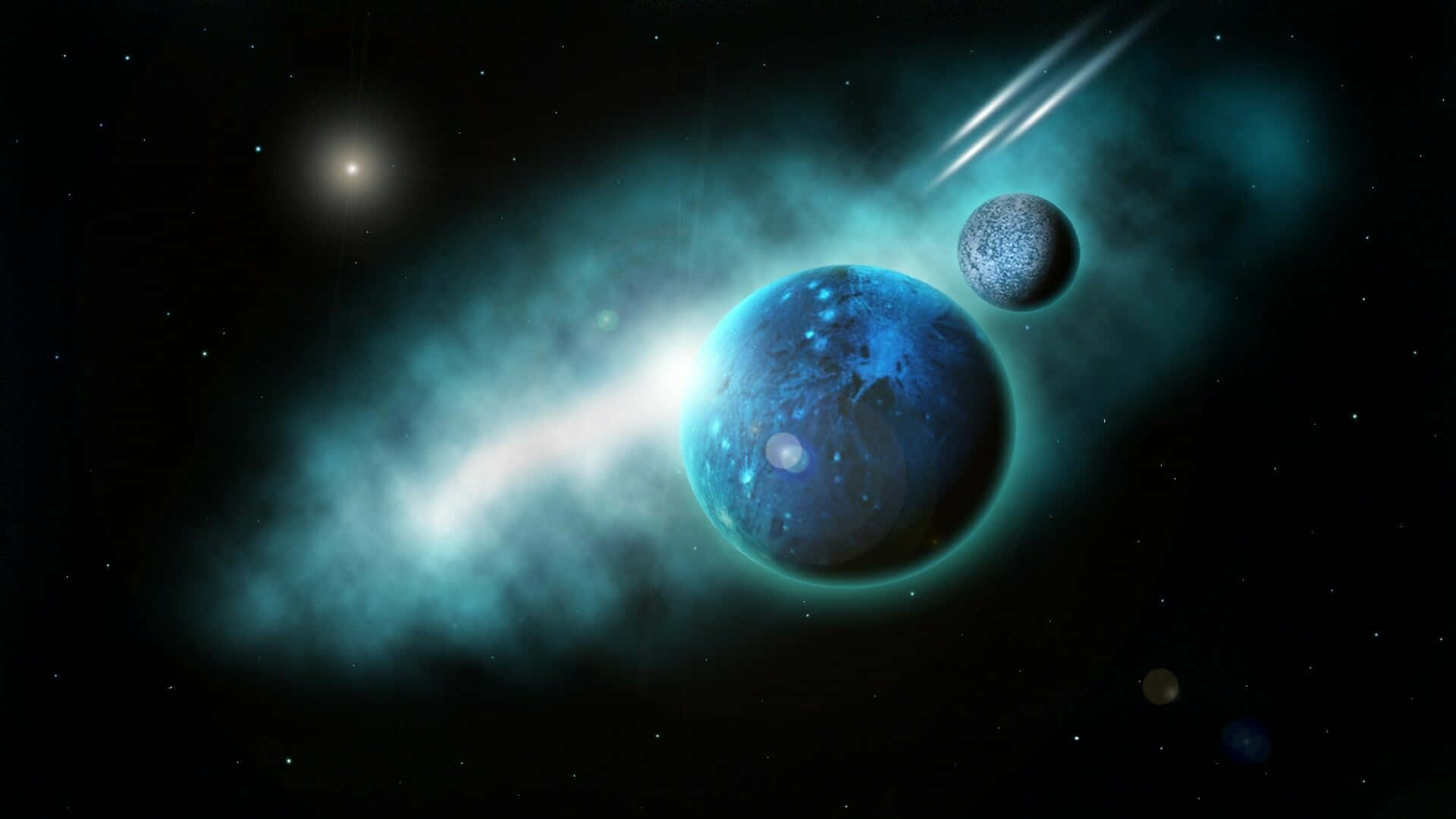 星雲中的藍色行星、衛星和彗星
