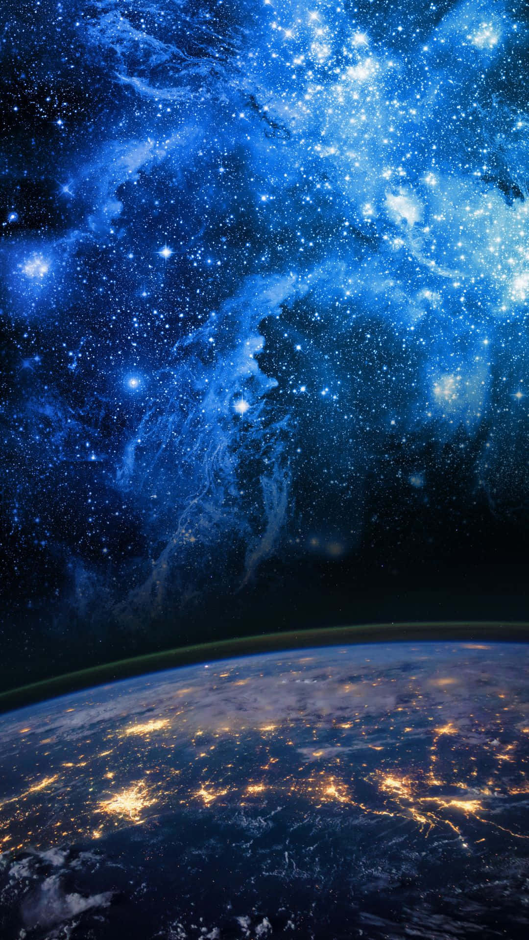 Live Space 桌布 壁紙 — 從太空俯瞰地球的壯麗景色，下方是閃爍的城市燈光，上方是充滿星光的鮮豔藍色星雲。
