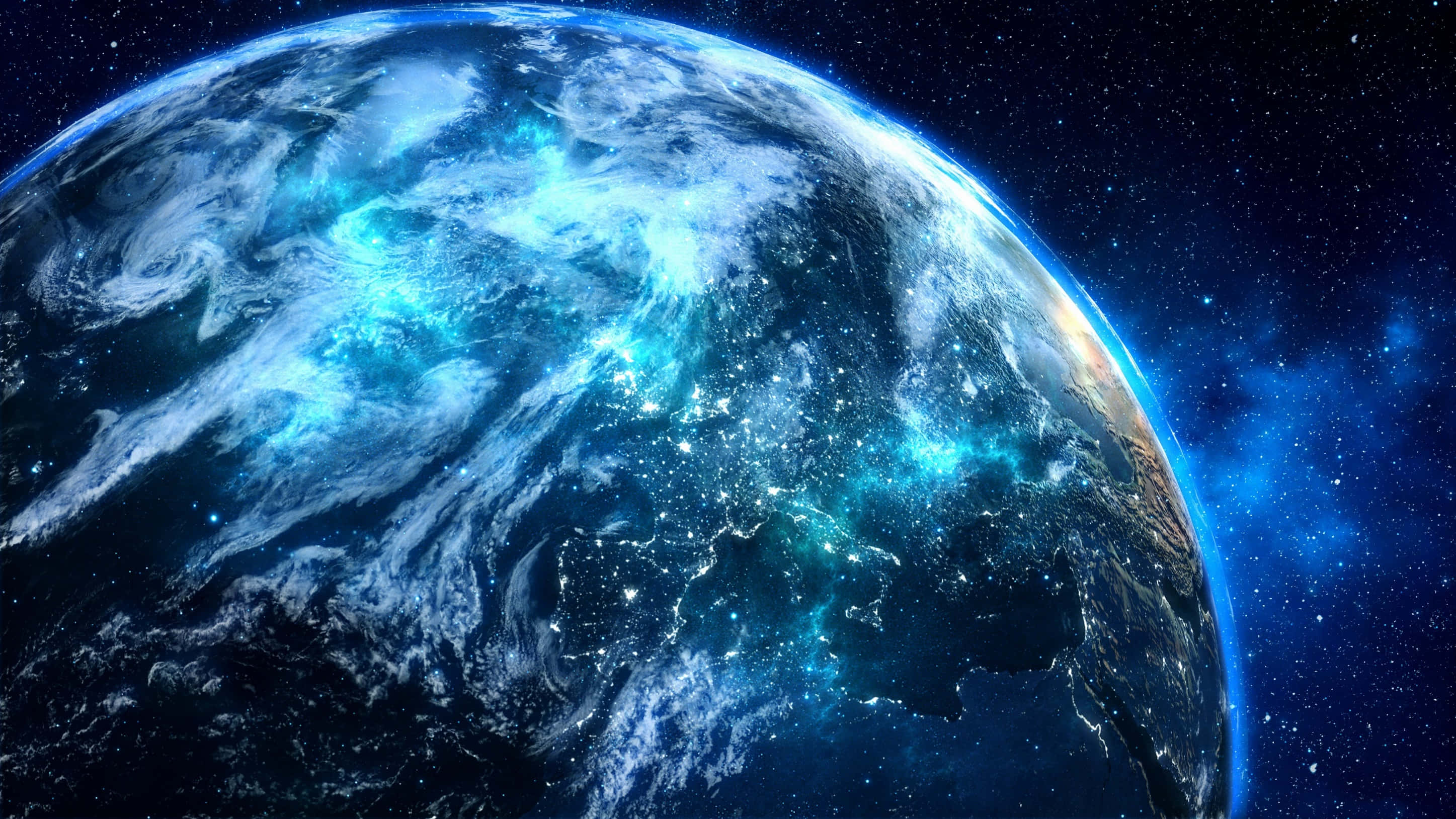 Blue Planet 桌布 壁紙 — 從太空俯瞰地球的壯麗景色，展現了在繁星點點的天空下，發光的城市燈光與旋轉的藍色海洋和白色雲朵交相輝映。