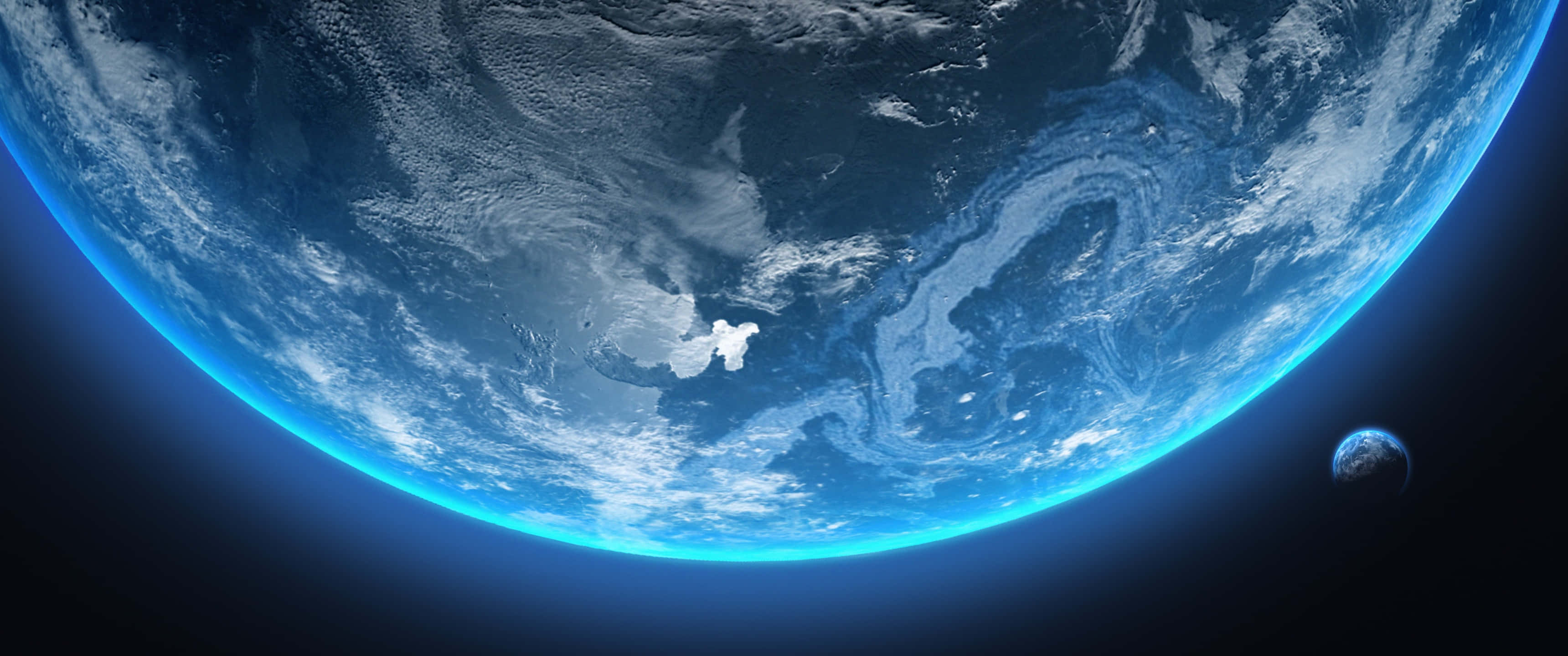 World 桌布 壁紙 — 從太空俯瞰地球的壯麗景色，展現出旋轉的藍色海洋、白色雲層和發光的大氣邊緣，附近還有一個較小的天體。