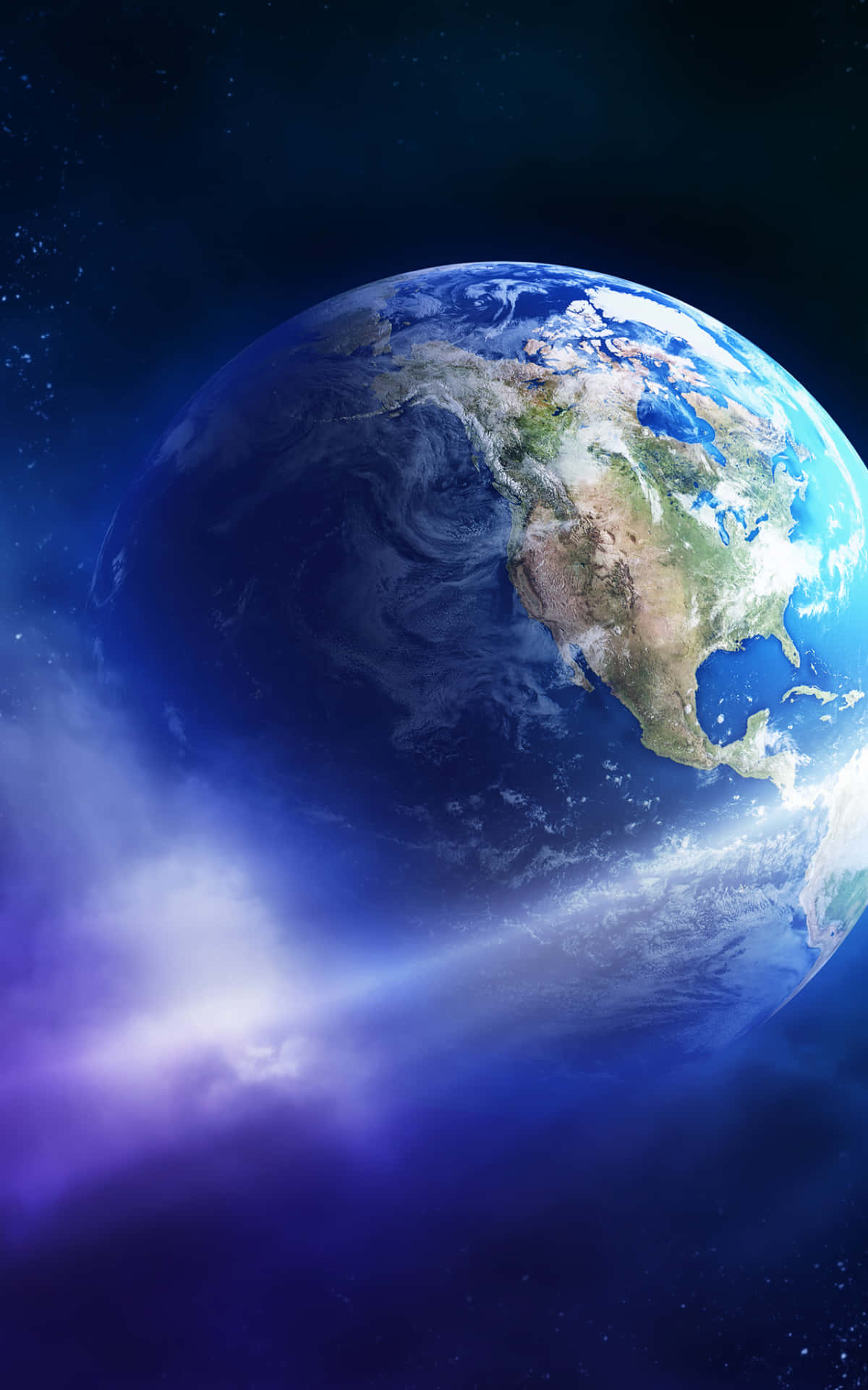 3d Earth 桌布 壁紙 — 從太空俯瞰地球的壯麗景色，展現北美洲，湛藍的海洋和翻騰的白雲，背景是星光燦爛的宇宙。