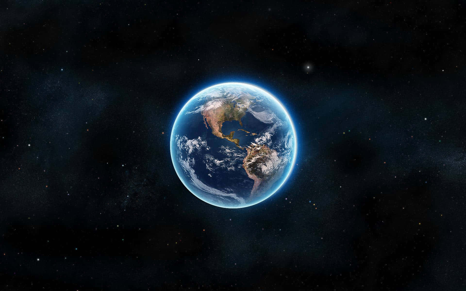 World 桌布 壁紙 — 從太空俯瞰地球的壯麗景色，展現藍色海洋、白色雲層和大陸，背景是星光閃爍的宇宙。