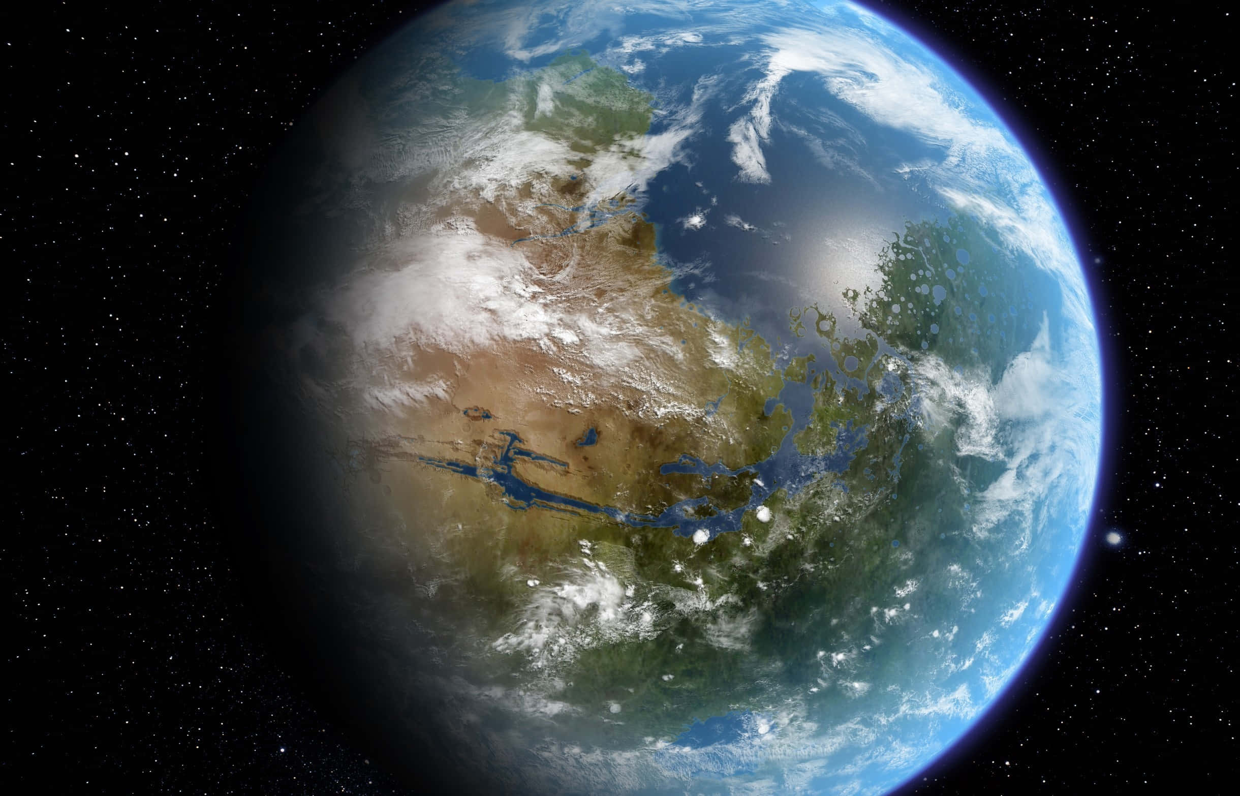 Blue Planet 桌布 壁紙 — 從太空俯瞰地球的壯麗景色，展現藍色海洋、綠色大陸和旋轉的白雲，背景是繁星點點的黑色天空。