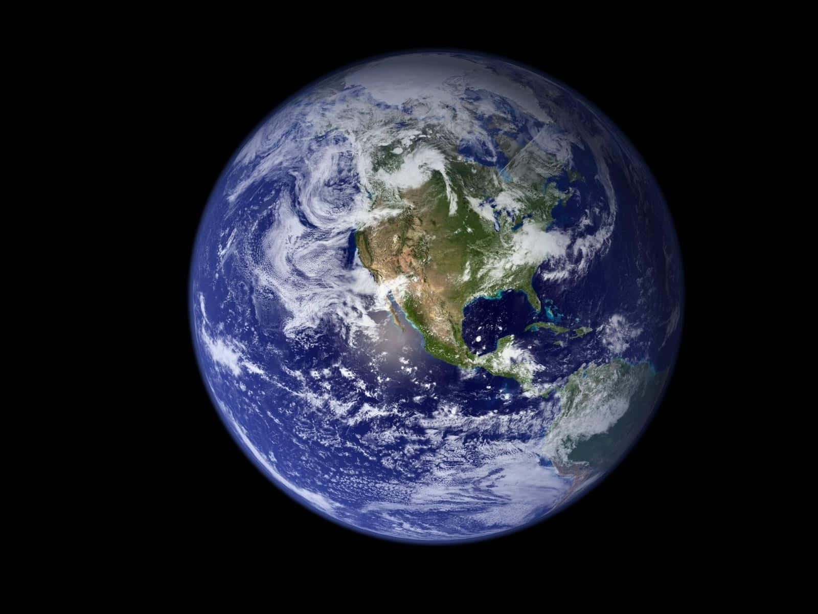 3d Earth 桌布 壁紙 — 從太空俯瞰地球的壯麗景色，展示北美洲被旋轉的雲層和深藍色海洋環繞，背景是太空的黑色虛空。