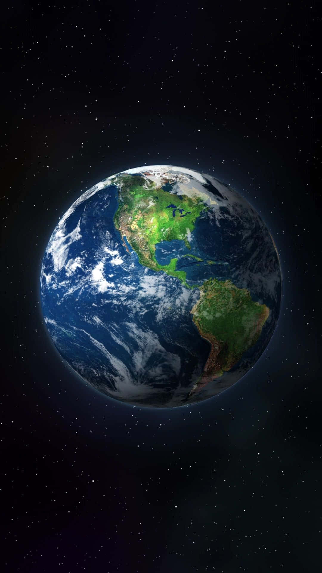 planet earth 桌布 壁紙 — 從太空俯瞰地球的壯麗景色，展示北美洲和南美洲，擁有充滿活力的綠色大陸和旋轉的藍色海洋，背景是繁星點點的黑色天空。