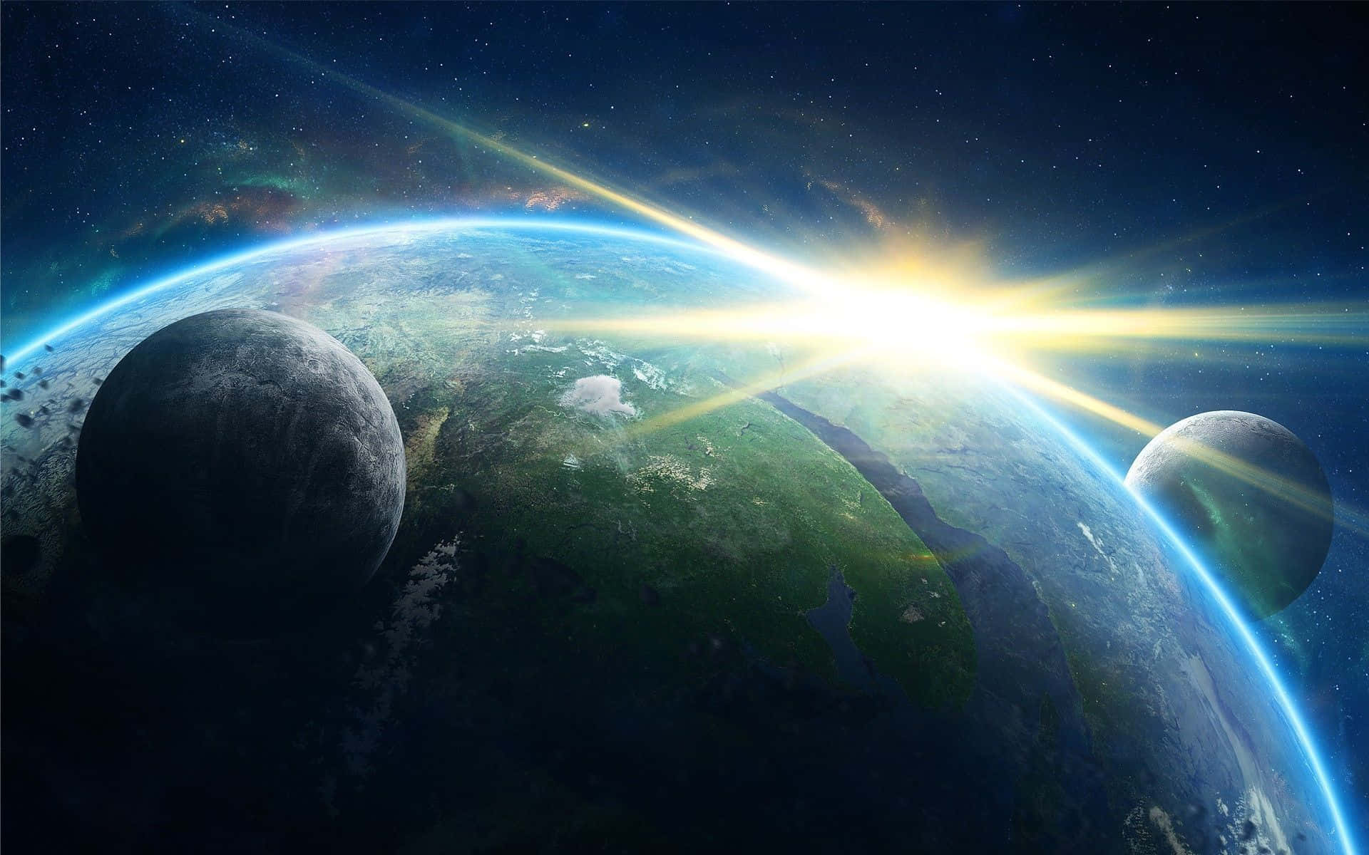 外太空 桌布 壁紙 — 從太空俯瞰地球的壯麗景色，明亮的太陽在彎曲的地平線上升起，兩側有兩個月亮，背景是繁星點點的宇宙。