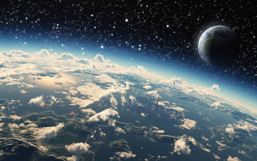 桌布 壁紙 — 從太空俯瞰地球的壯麗景色，有旋轉的雲層和遙遠的月亮，背景是星空。