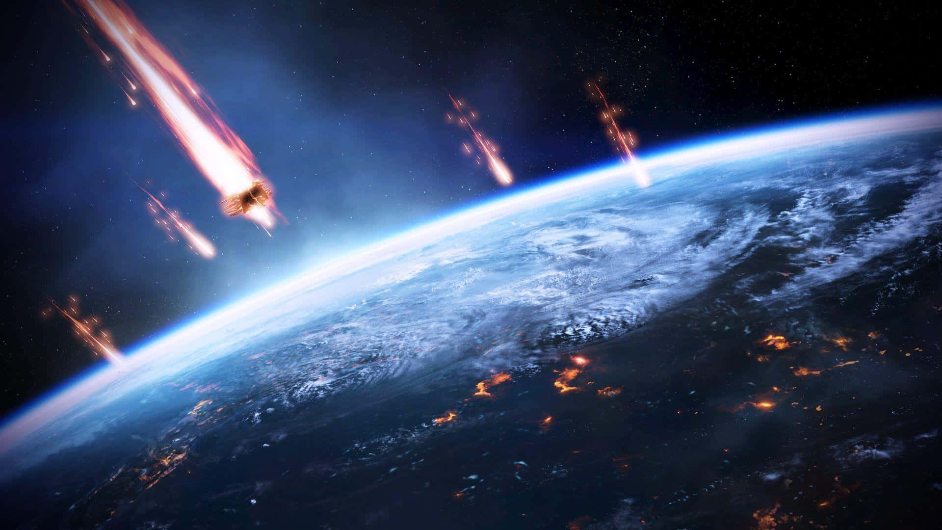 Asteroid 桌布 壁紙 — 從太空俯瞰地球的壯麗景色，熾熱的流星劃過其發光的藍色大氣層。