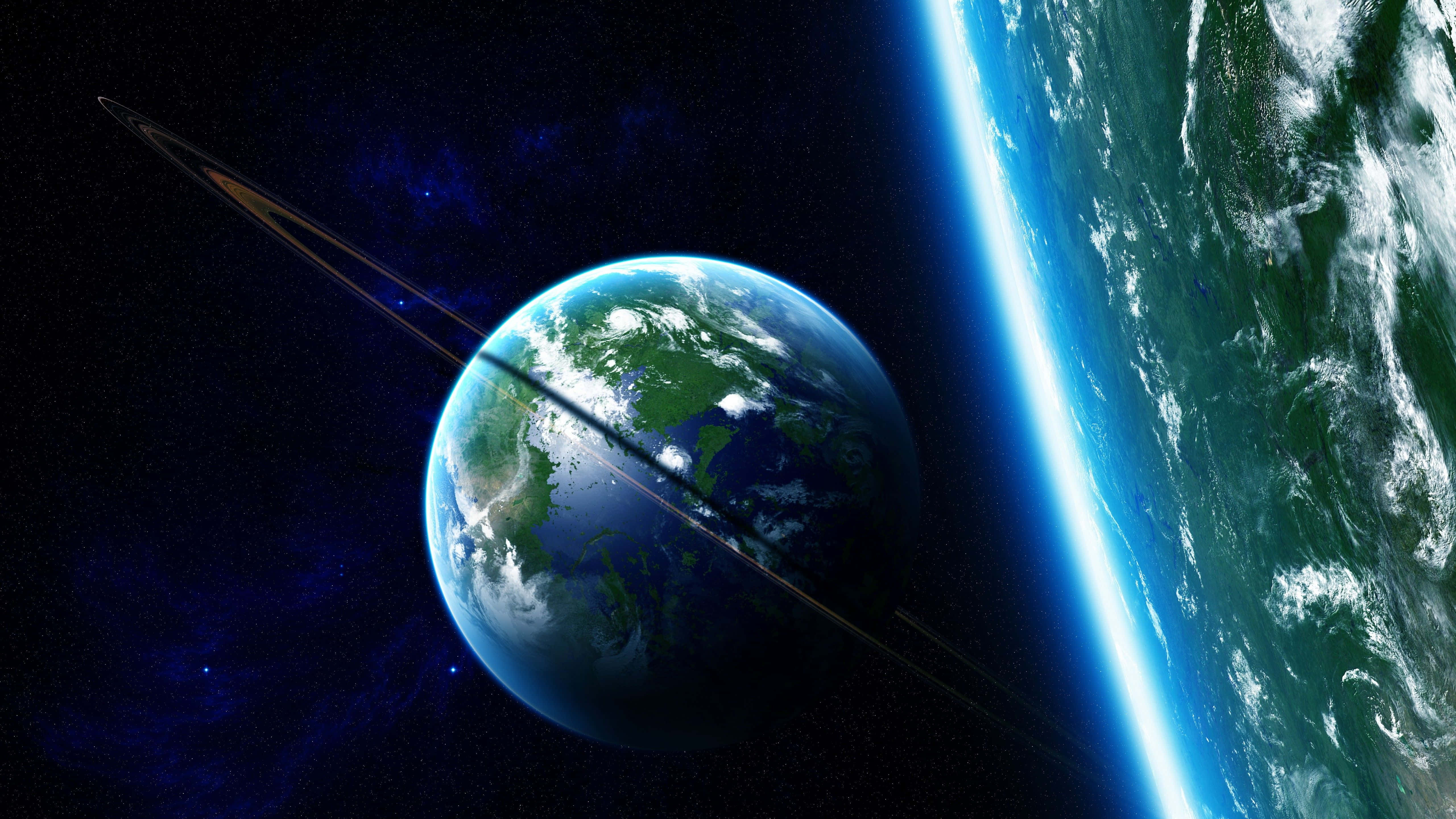 Exoplanet 桌布 壁紙 — 從太空俯瞰地球的壯麗景色，發光的大氣曲線和旋轉的雲層，以繁星點點的宇宙為背景。