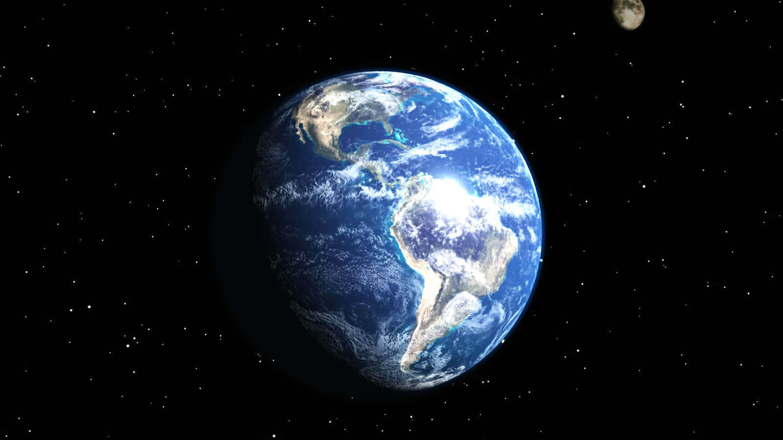 3d Earth 桌布 壁紙 — 從太空俯瞰地球的壯麗景色，遠處可見月球，背景是繁星點點的黑色天空。