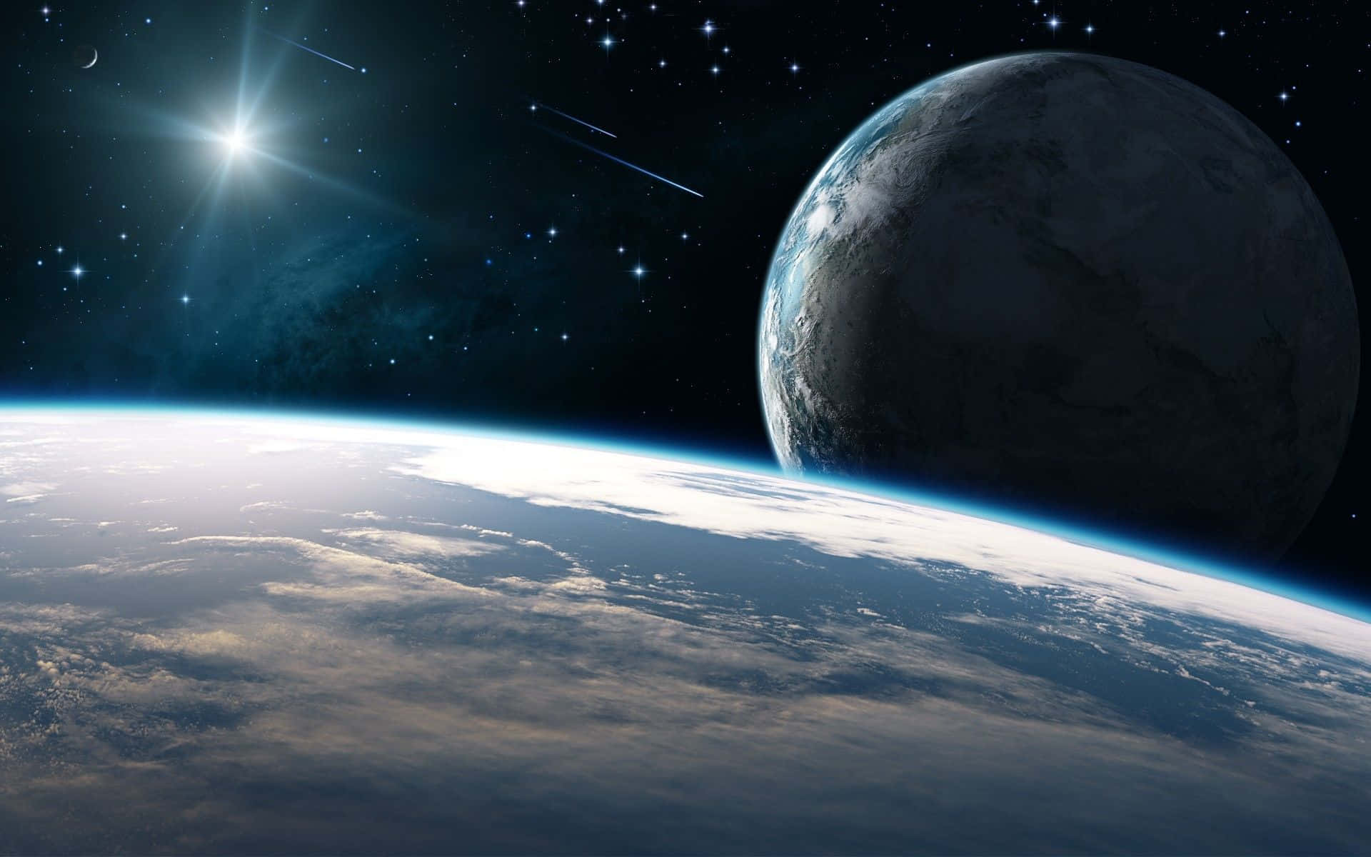Exoplanet 桌布 壁紙 — 從太空俯瞰地球的壯麗景色，閃耀的太陽和遙遠的月亮映襯著繁星點點的宇宙背景。