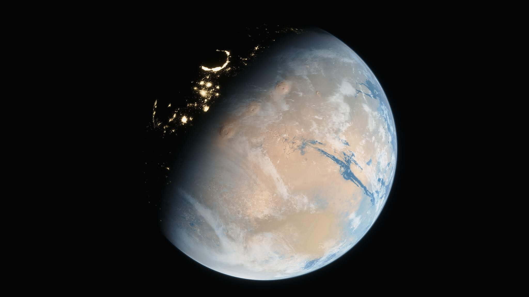 Terraforming 桌布 壁紙 — 從太空俯瞰地球的壯麗景色，顯示了被城市燈光照亮的夜間一側，與黑暗的海洋和陸地形成對比。