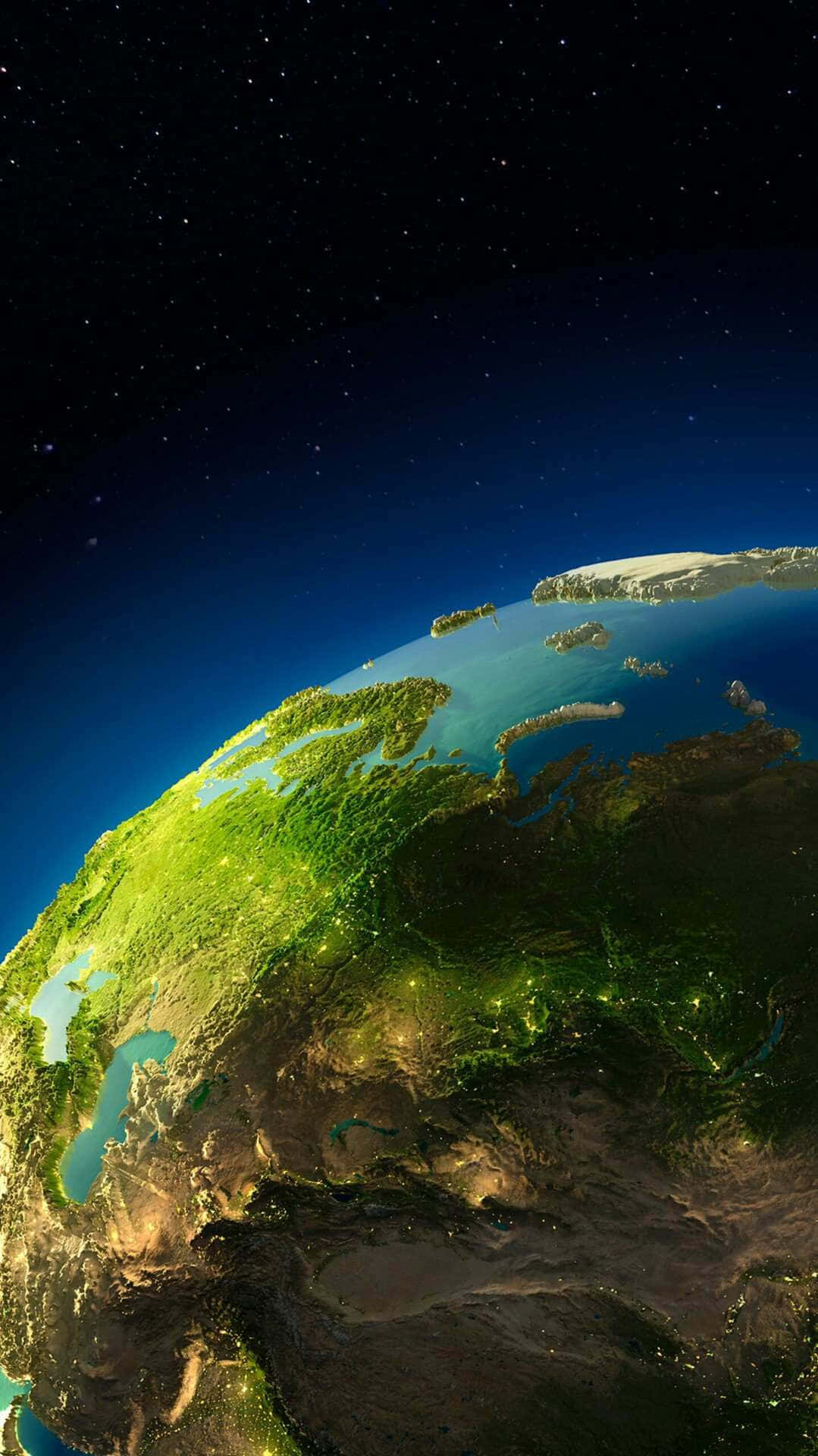 3d Earth 桌布 壁紙 — 從太空俯瞰地球的壯麗景色，顯示在繁星點點的夜空下，各大洲閃爍的城市燈光。