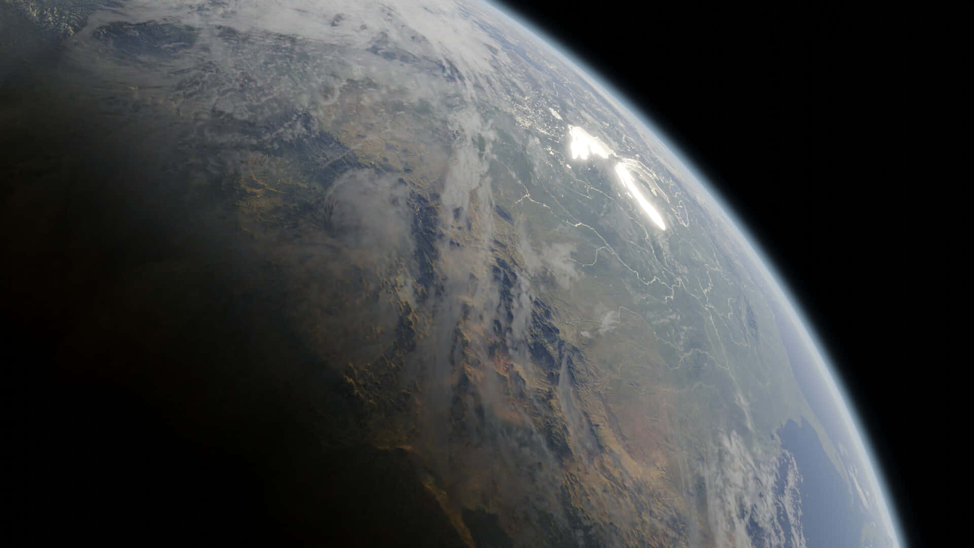 Kamino 桌布 壁紙 — 從太空俯瞰地球的壯麗景色，顯示大陸、海洋和雲層，背景是太空的黑色虛空。