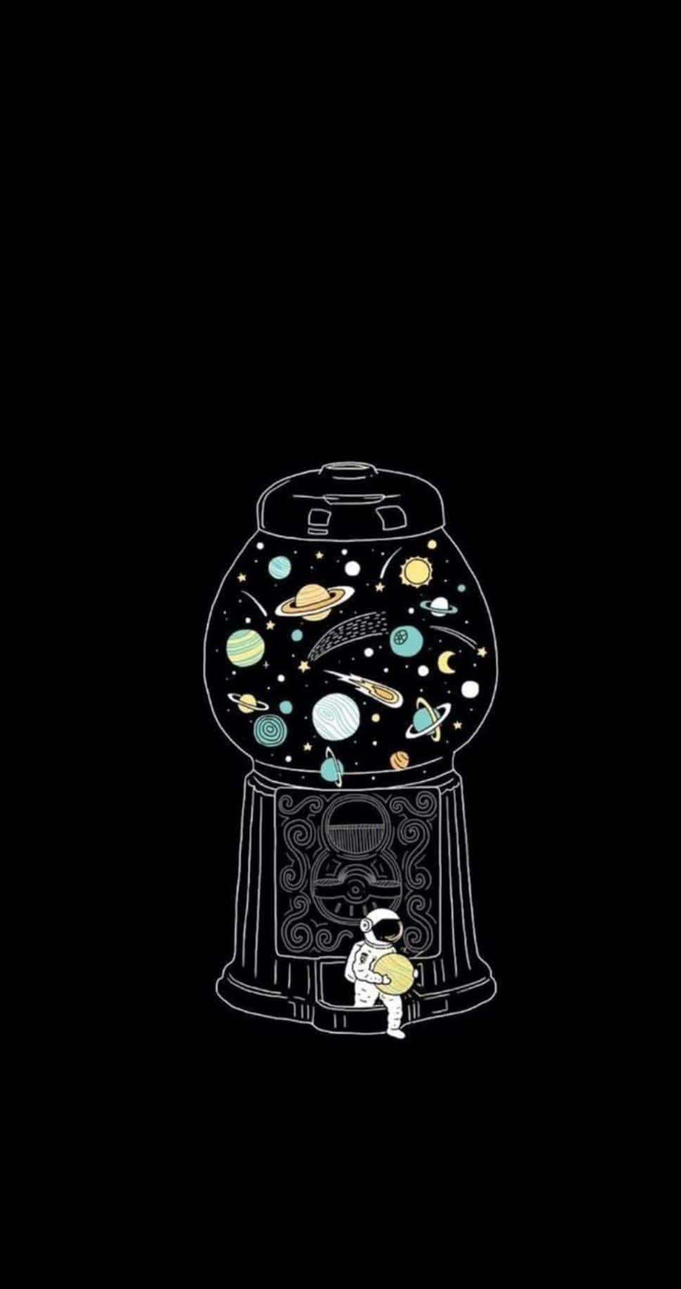 太空人在宇宙扭蛋機前拿著一顆行星。