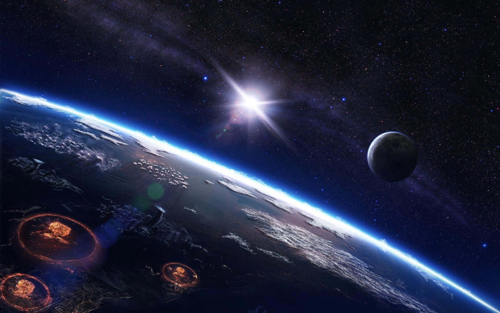 Exoplanet 桌布 壁紙 — 從太空看到地球的壯麗景色，有明亮的星爆、月亮和行星表面發光的圓形燈光。