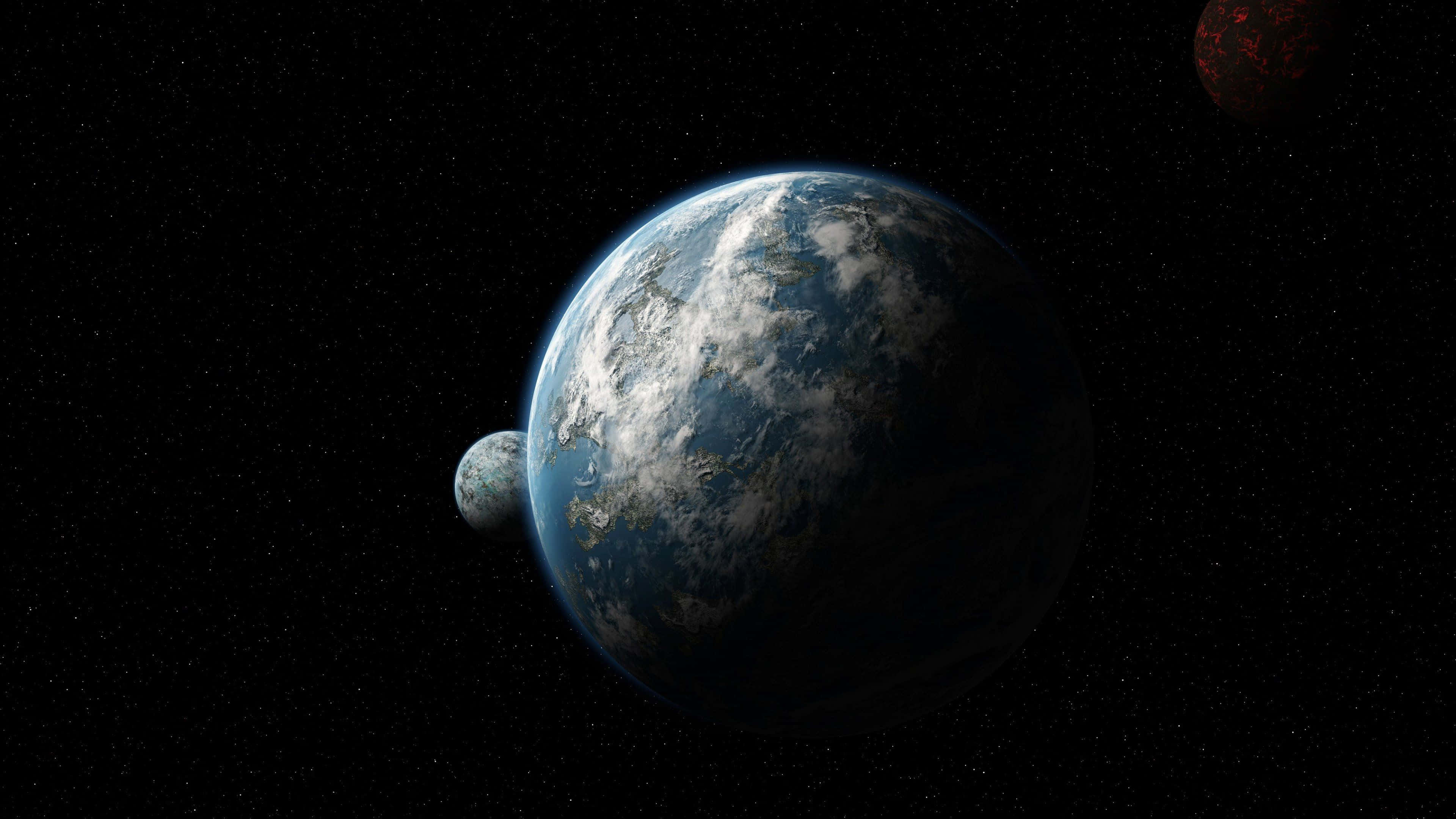 Earth Science 桌布 壁紙 — 從太空看到地球的壯麗景色，有月球和一顆遙遠的紅色行星，背景是繁星點點的黑色虛空。