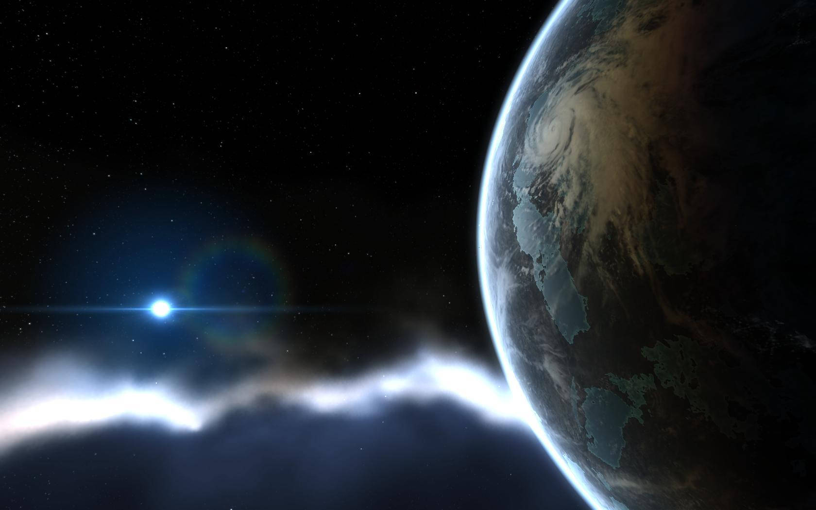 太空 桌布 壁紙 — 從太空看到地球的壯麗景色，背景是宇宙中的一顆明亮恆星和發光的星雲。