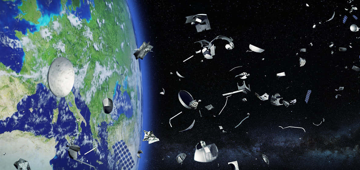 Space Debris 桌布 壁紙 — 從太空看到的地球，被密集的軌道衛星碎片包圍，背景是繁星點點的黑夜。