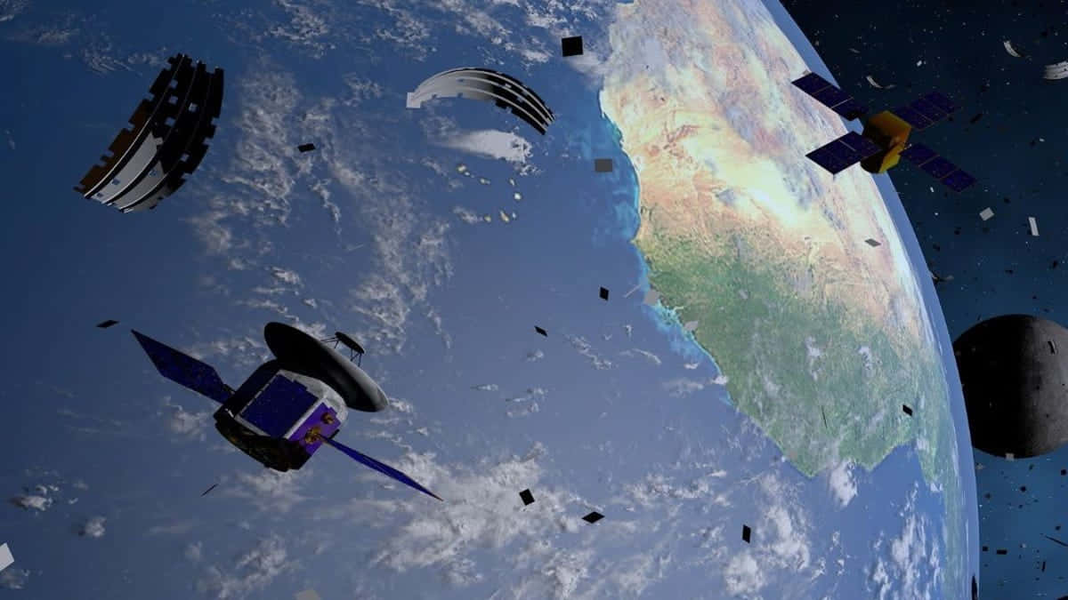 Space Debris 桌布 壁紙 — 從太空看到的地球3D渲染圖，周圍環繞著軌道上的衛星和碎片。