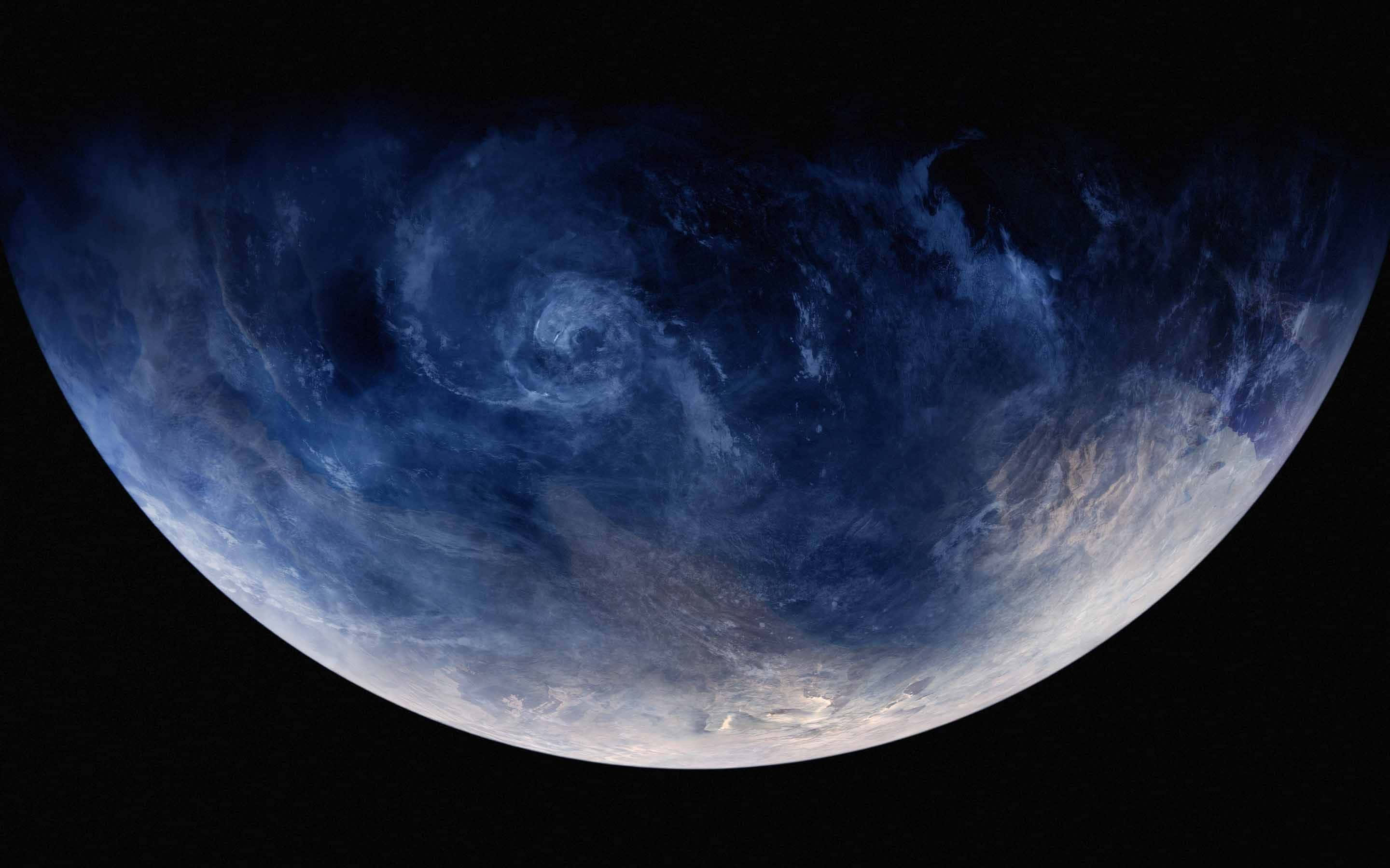 Exoplanet 桌布 壁紙 — 從太空看到的藍色旋轉行星，帶有風暴雲和發光的大氣帶。