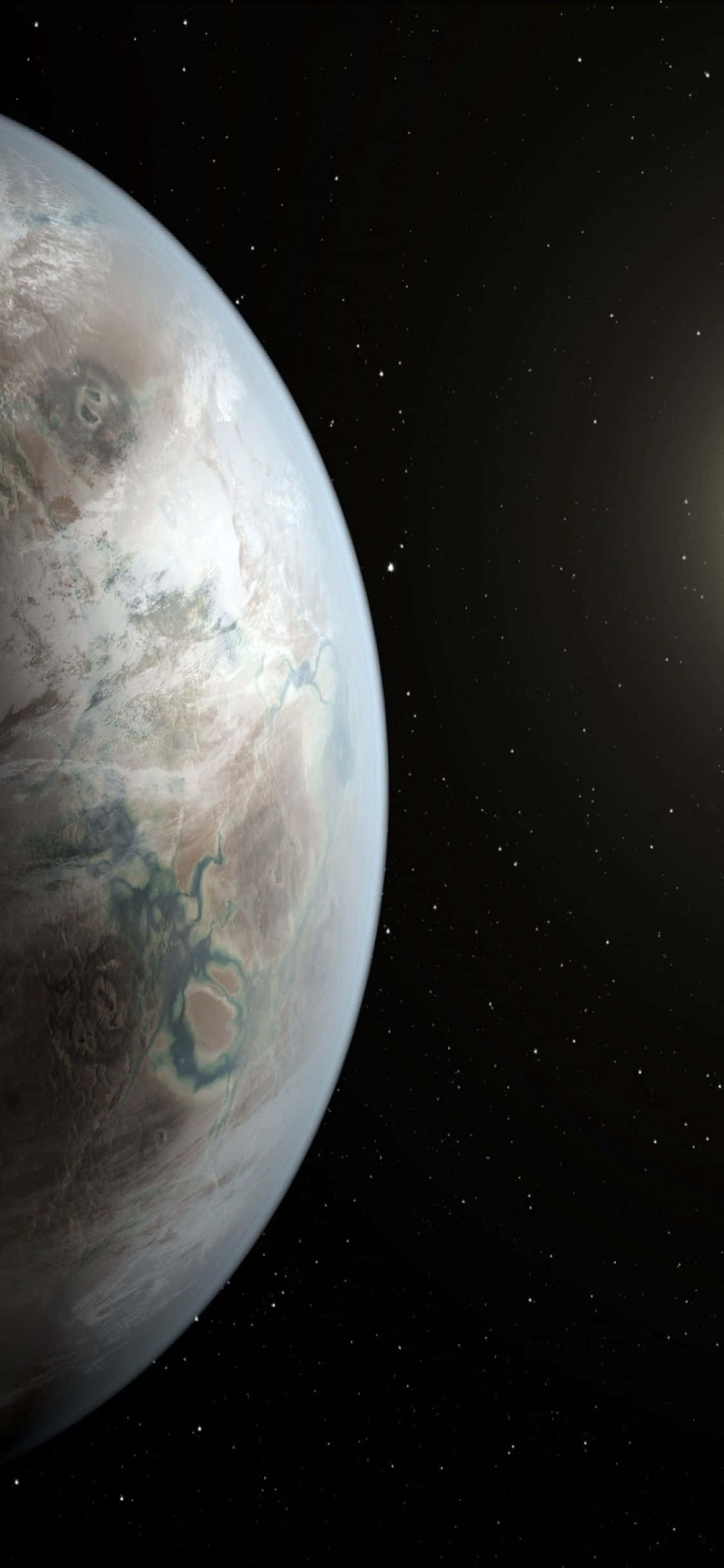 Exoplanet 桌布 壁紙 — 從太空觀看，一顆寧靜的外星行星，帶有旋轉的雲層和發光的藍色河流，背景是星場。