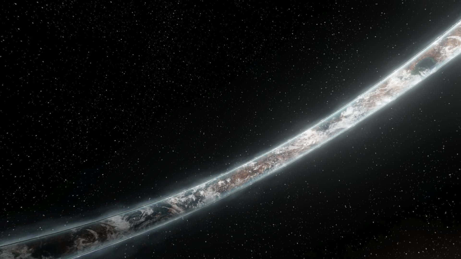 Halo Ring 桌布 壁紙 — 從太空觀看彎曲的地球，黑色虛空中點綴著旋轉的雲層和星星。