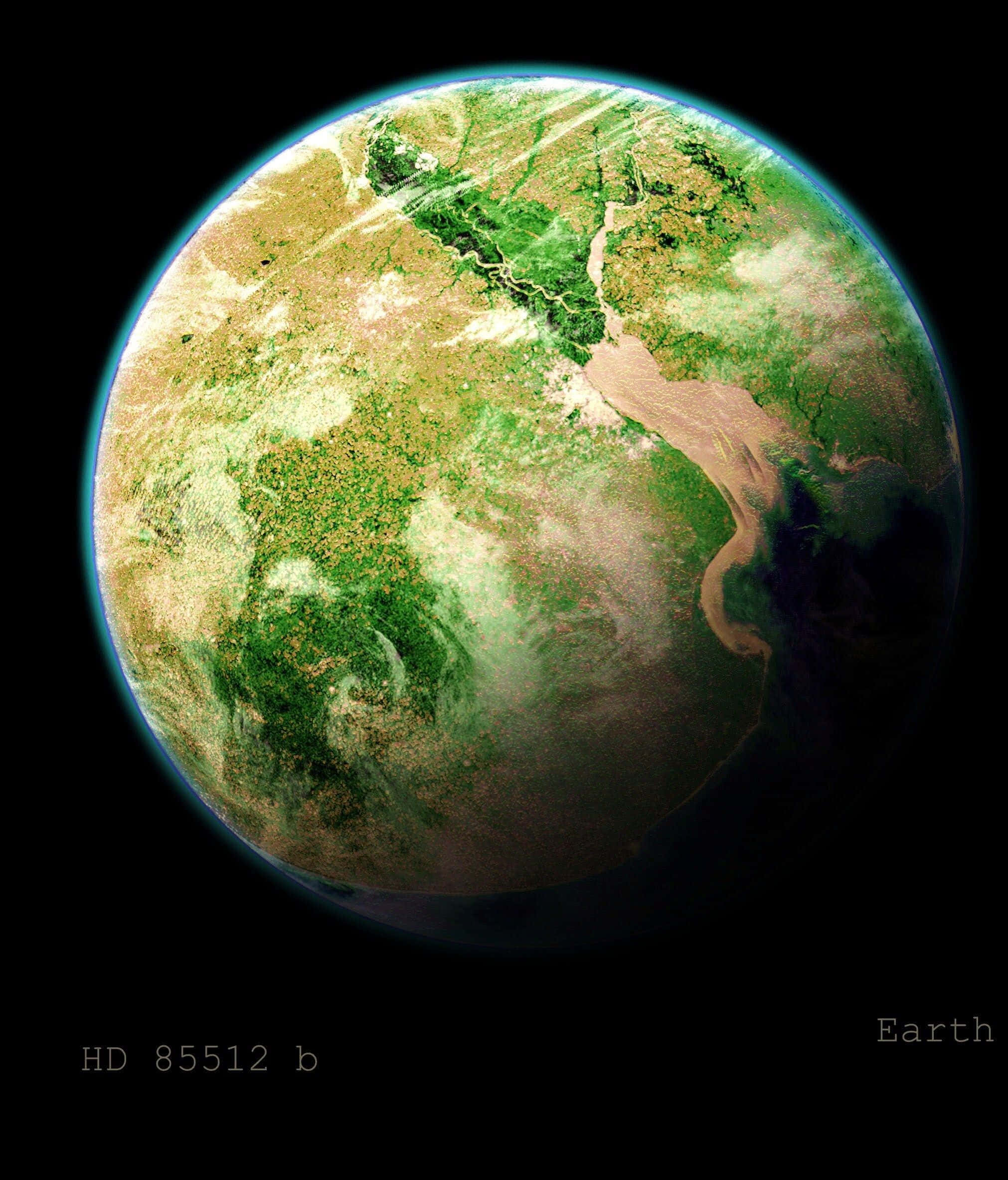 Exoplanet 桌布 壁紙 — 從太空觀看的地球，細節生動，展現鬱鬱蔥蔥的綠色大陸和黑色虛空中的旋轉雲層。