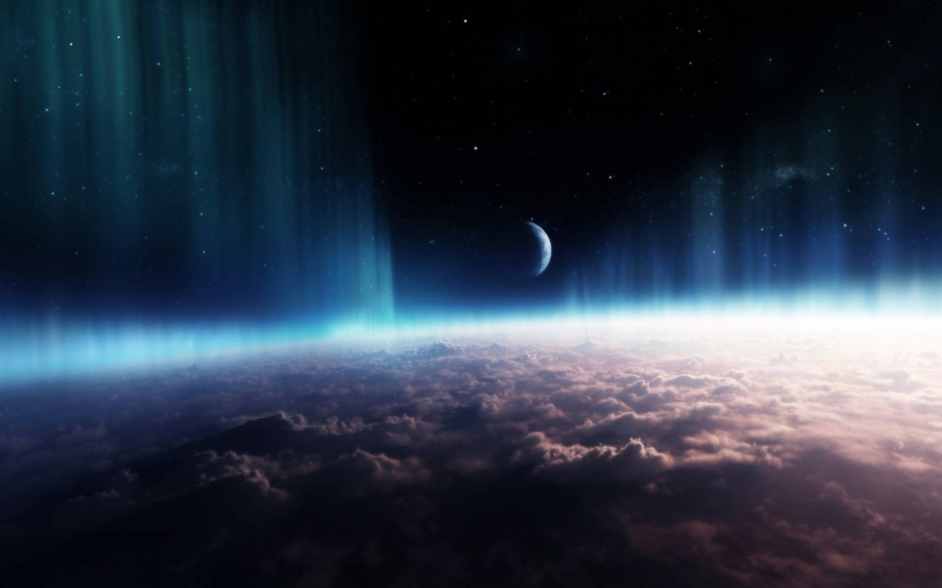藍色極光在新月和星空下照亮行星的雲層。