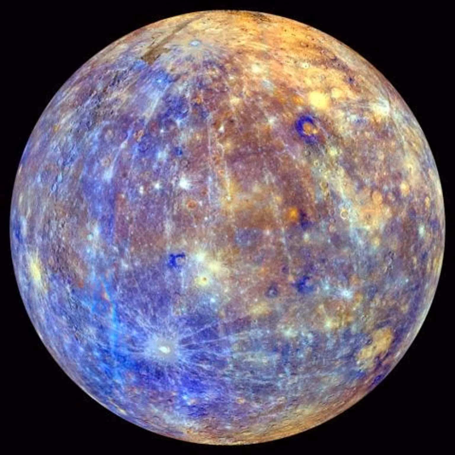 太空中一顆色彩繽紛的行星，有隕石坑和藍橙色漩渦。