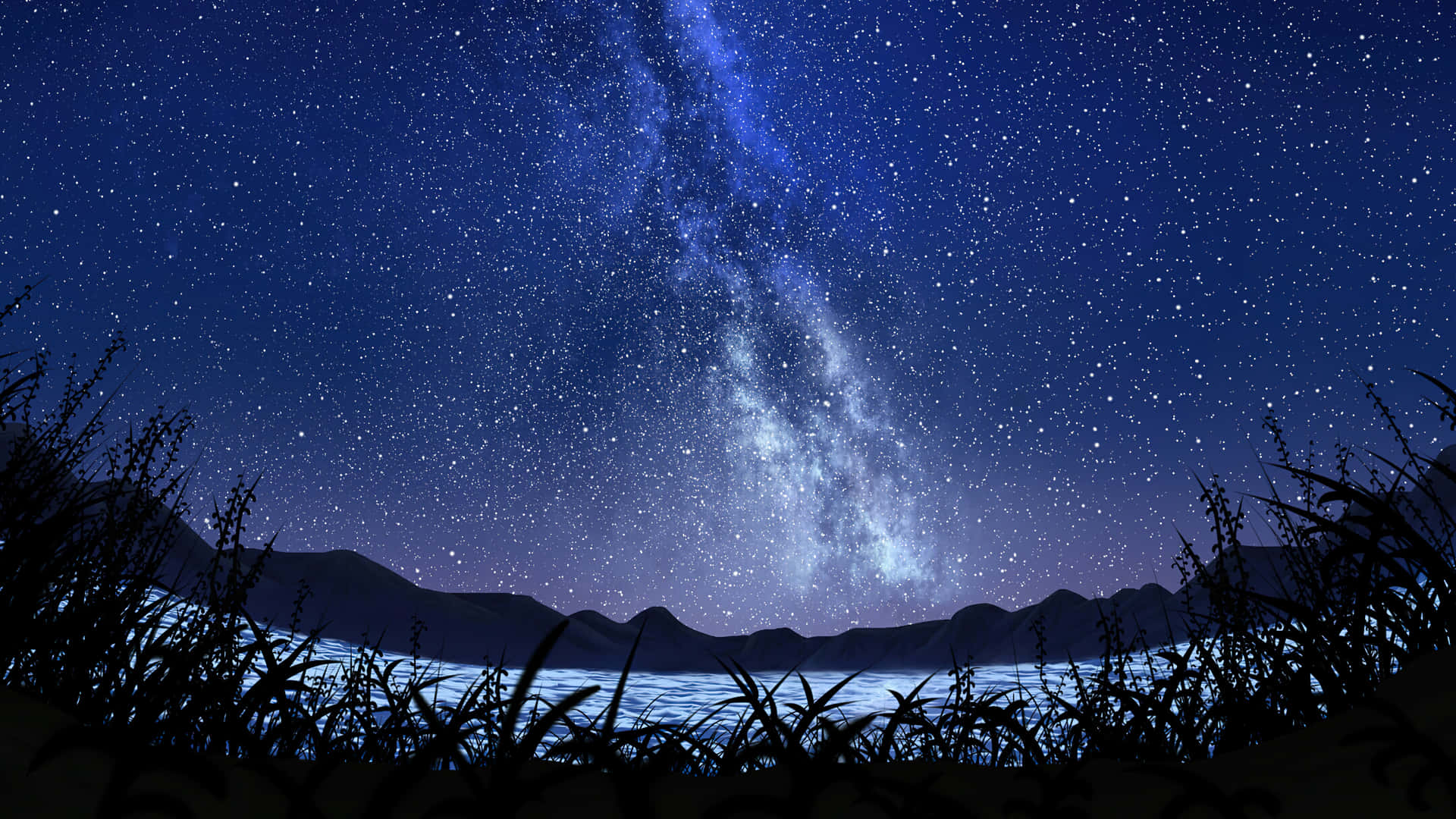 夜晚，銀河系在湖面上，山脈和草叢剪影。