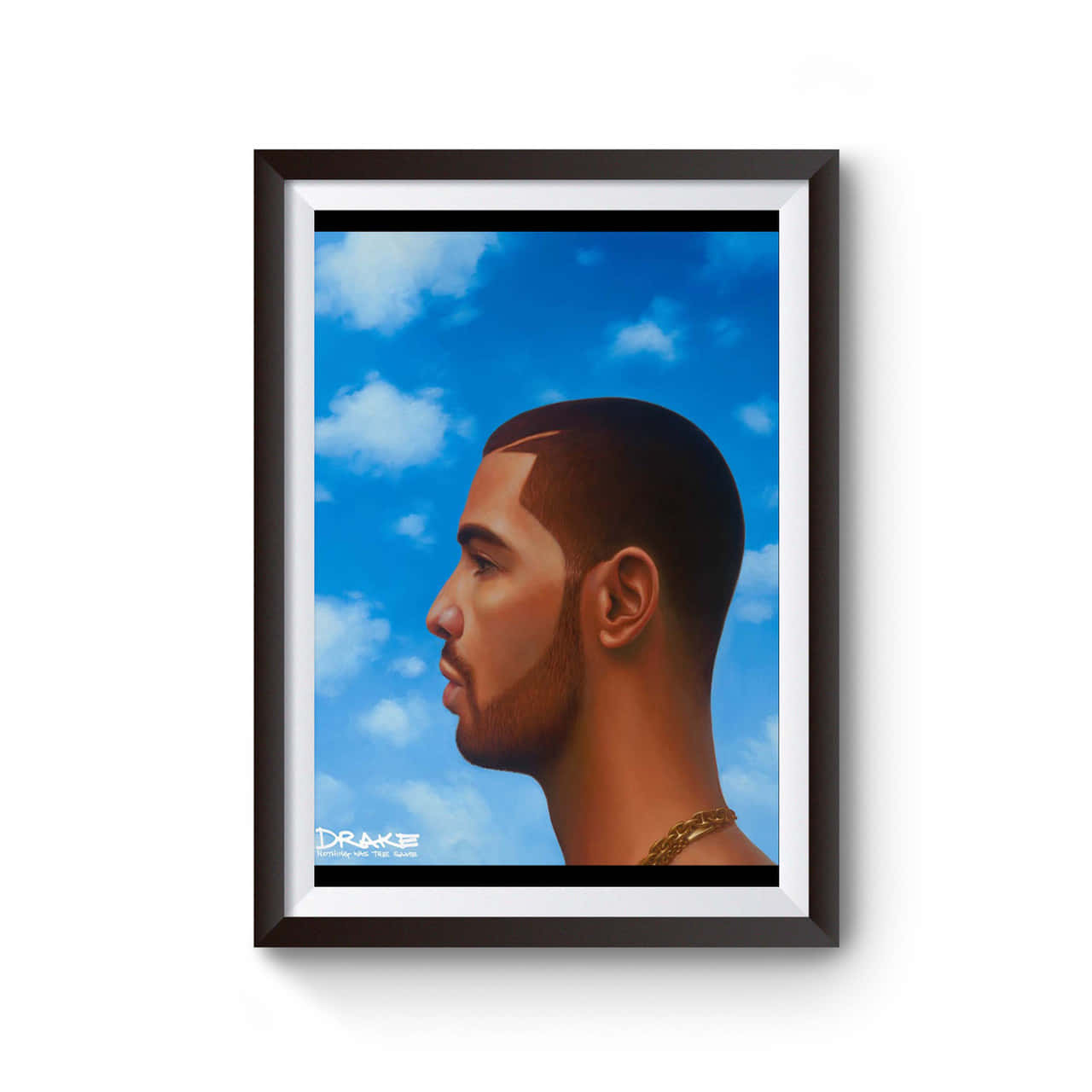 裝裱的Drake側面肖像，背景是藍天和白雲。