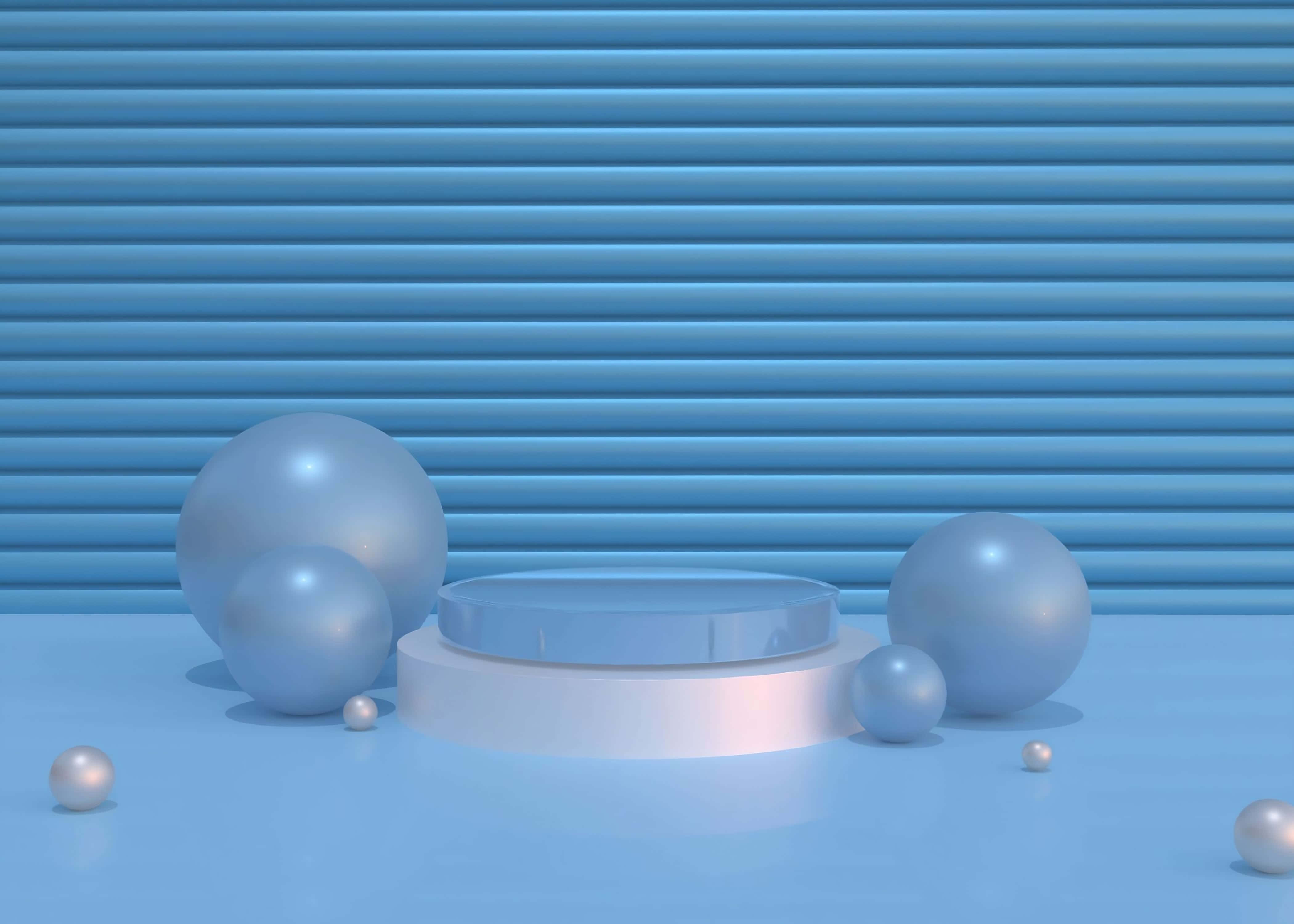從您的設計中打造專業樣機 壁紙 — 極簡藍色3D渲染場景，帶有光澤球體和中央講台，背景為水平條紋。