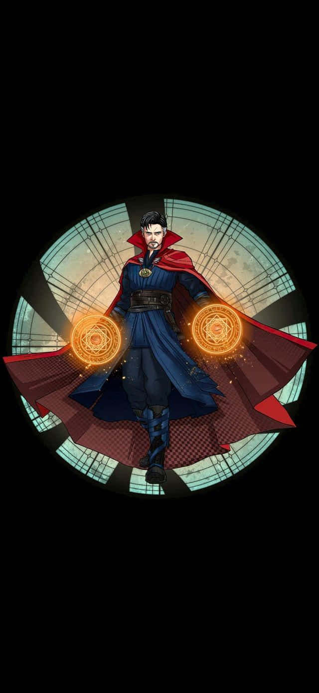 身穿藍色長袍和紅色斗篷的奇異博士握著發光的魔法球體。