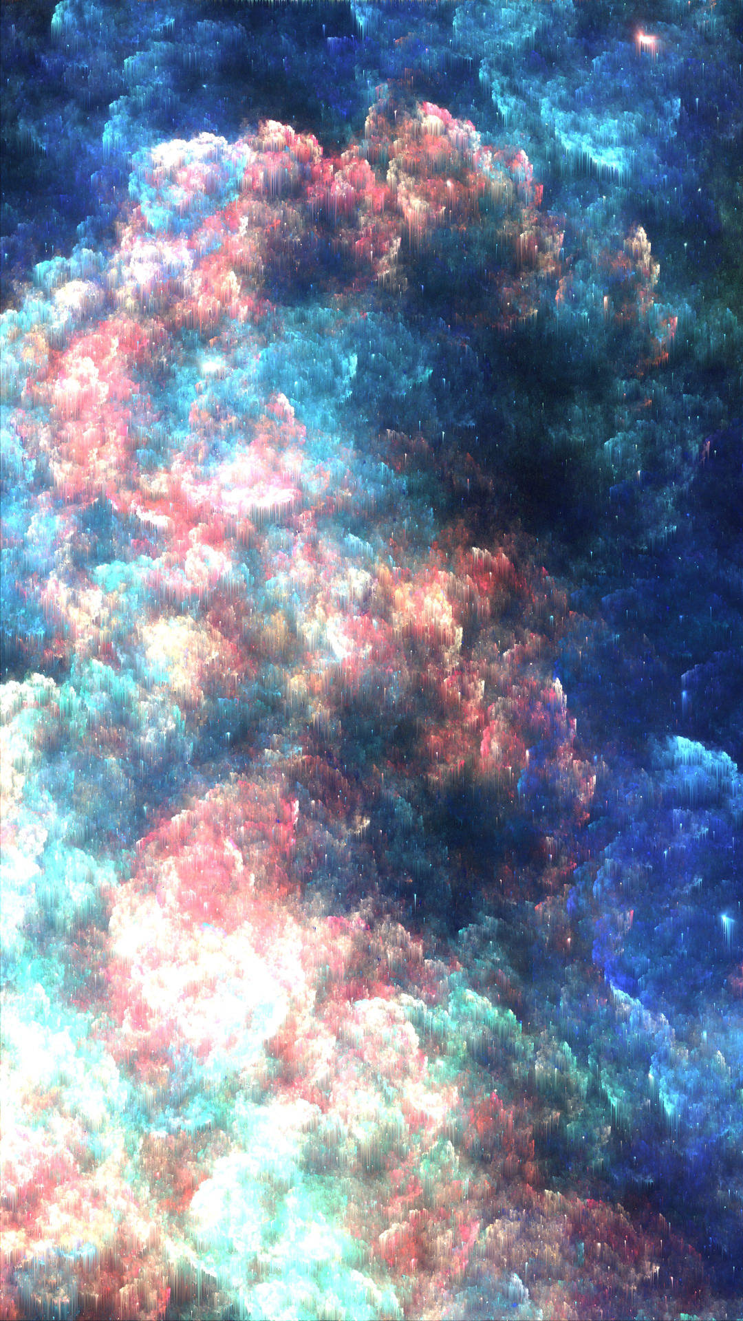 色彩繽紛的宇宙星雲，帶有粉紅色和藍綠色的雲層以及深空中閃爍的星星。