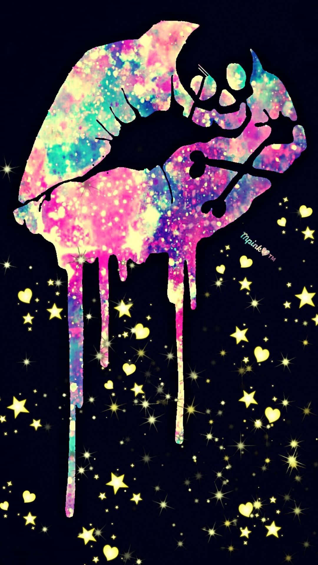 一個色彩繽紛的銀河親吻剪影，在黑暗背景上滴落星星和心形。