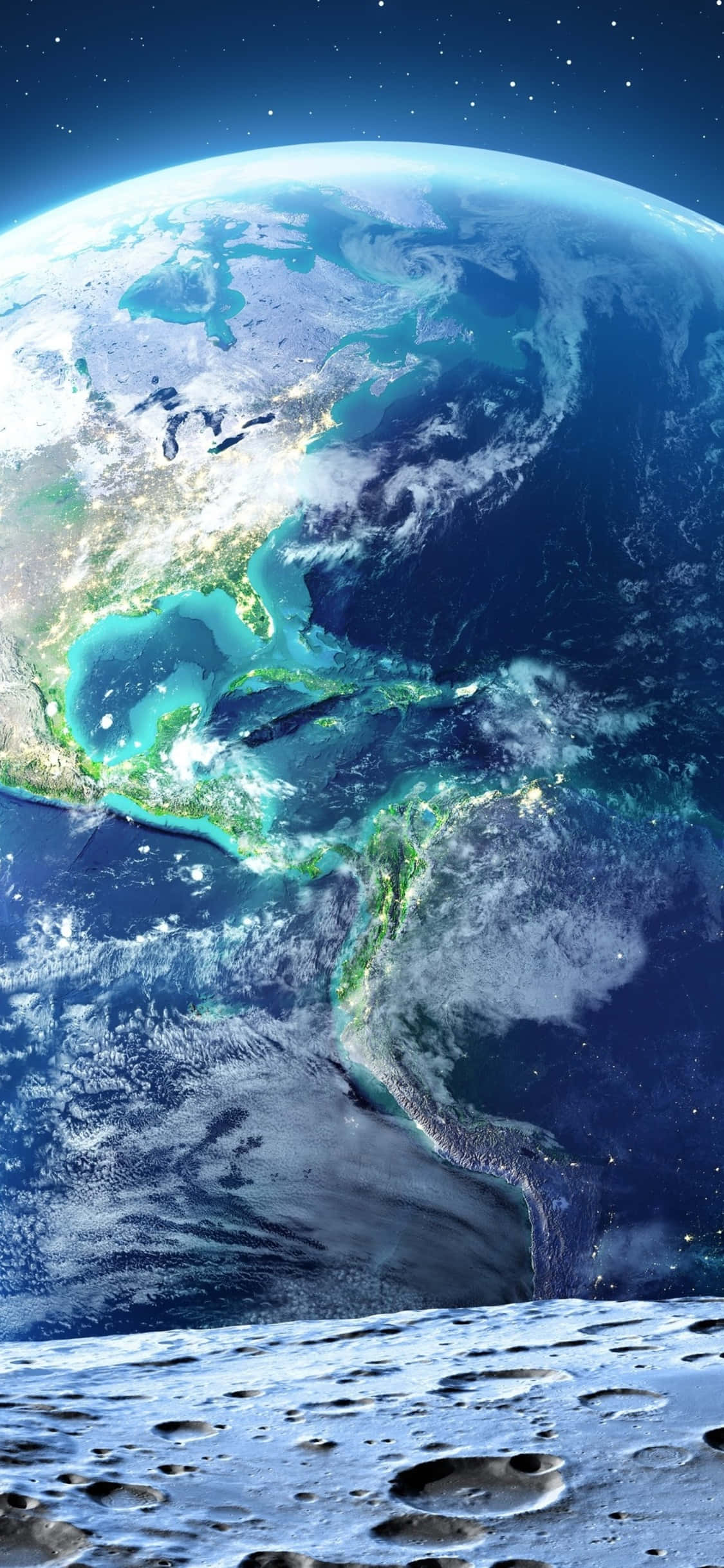 planet earth 桌布 壁紙 — 從月球上俯瞰地球的壯麗景色，顯示出在星空下北美和北大西洋上閃爍的城市燈光。