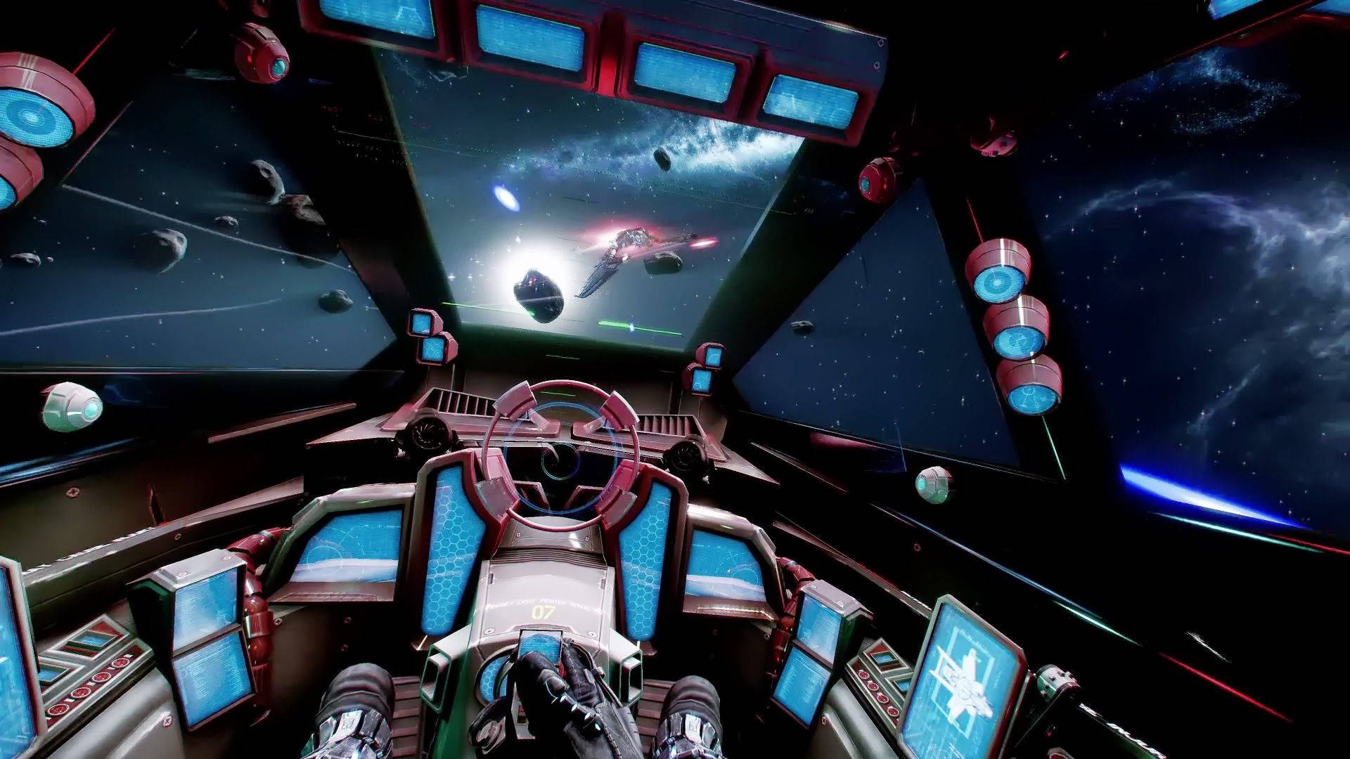 Star Citizen Spaceship Cockpit 壁紙 — 從未來太空船駕駛艙的第一人稱視角，飛越星光閃爍的太空，配有發光藍色面板和小行星。