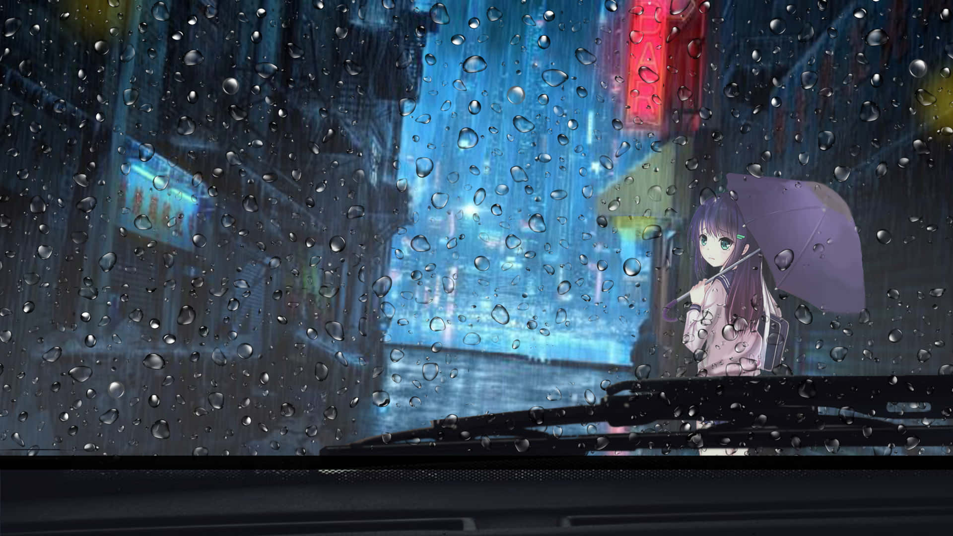 動漫女孩拿著紫色雨傘，站在雨夜的霓虹城市中，從車窗向外看。