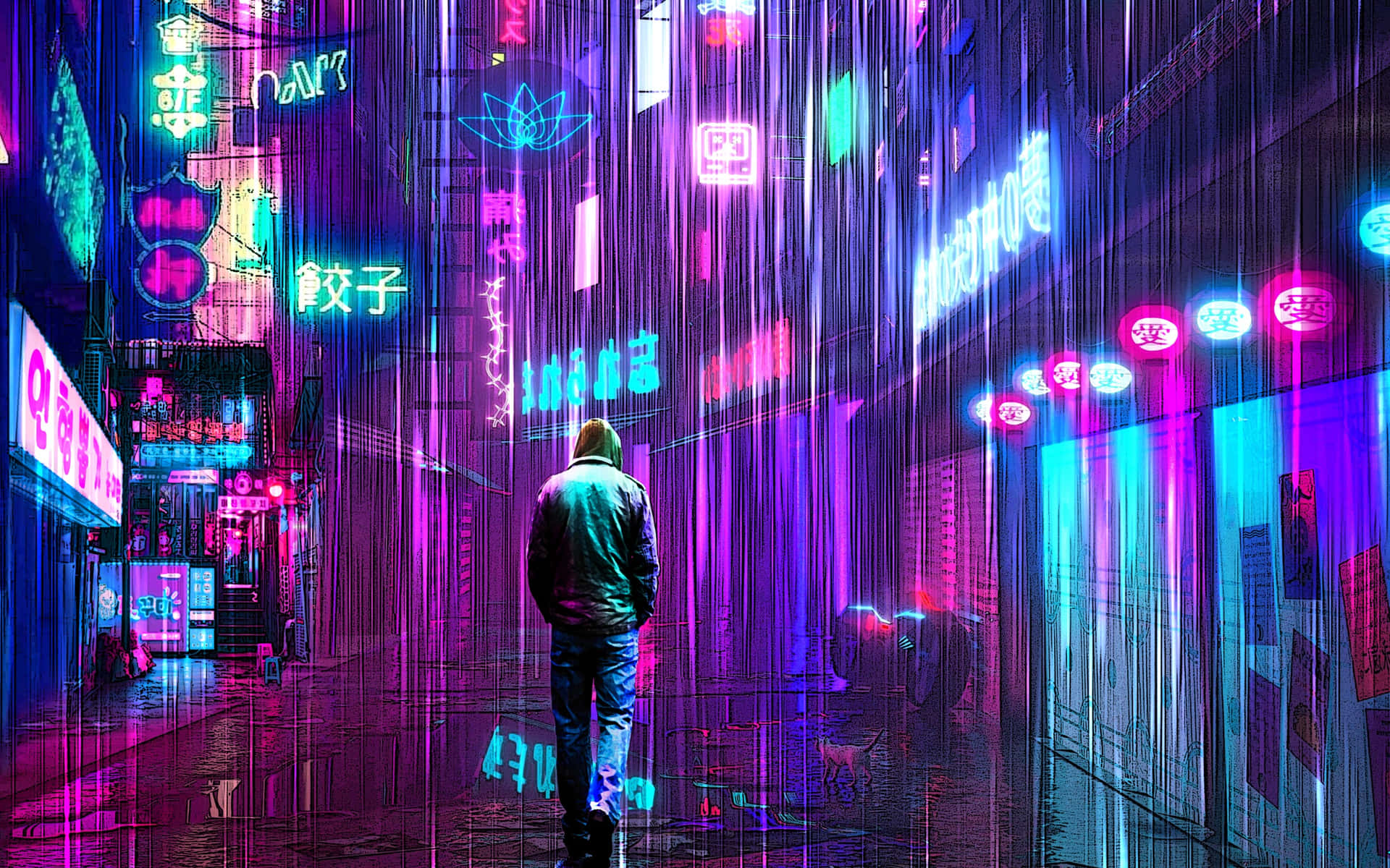 夜晚在霓虹燈照亮的雨巷中行走的人