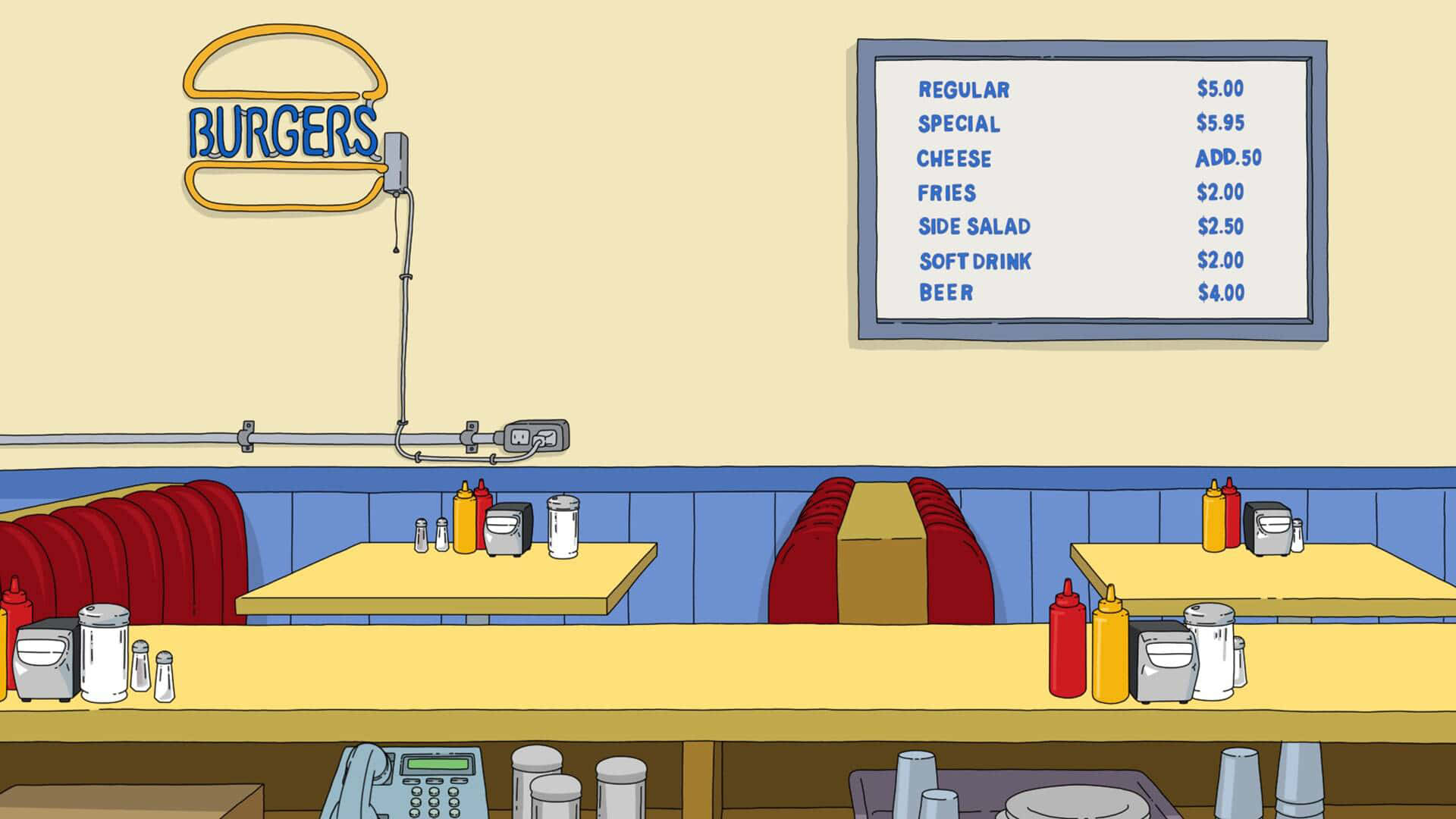 從櫃檯望向 Bob's Burgers 餐廳內的桌椅 壁紙 — 卡通風格餐廳內部，設有紅色卡座、黃色餐桌和列出漢堡價格的菜單板。