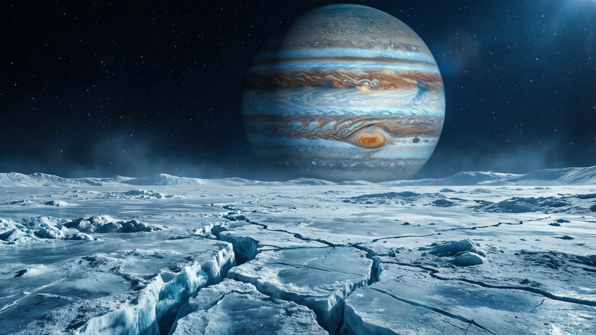 裂開的冰景觀，巨大的木星在星空中若隱若現