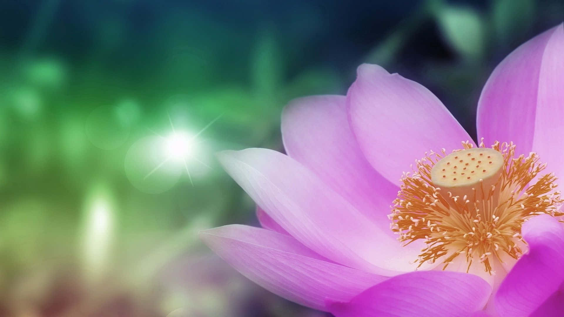 從泥中生長——聖蓮的本質 壁紙 — 一朵充滿活力的粉紅色蓮花，帶有金色的雄蕊，在夢幻般的綠色散景背景中輕輕綻放。