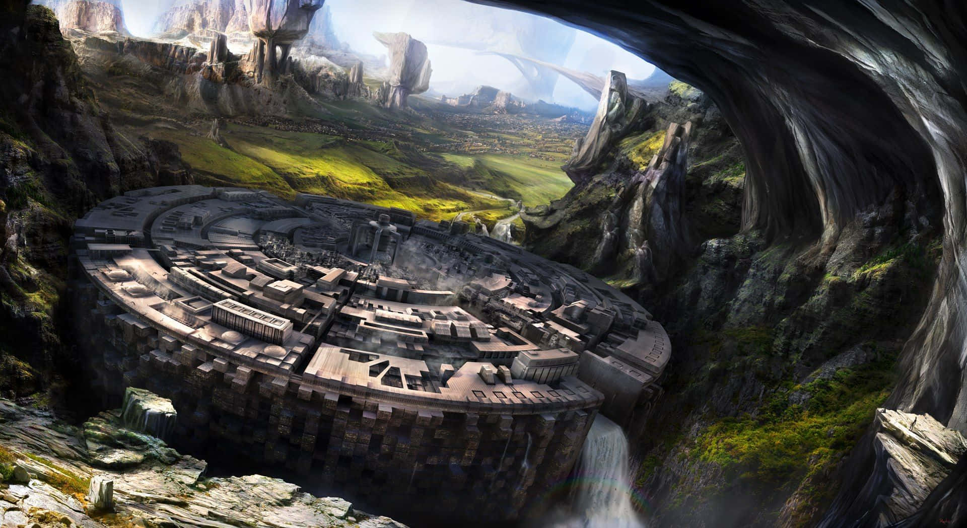 3d Landscape 桌布 壁紙 — 從洞穴般的隧道內部觀看，坐落於山谷中的巨大古老圓形城市。