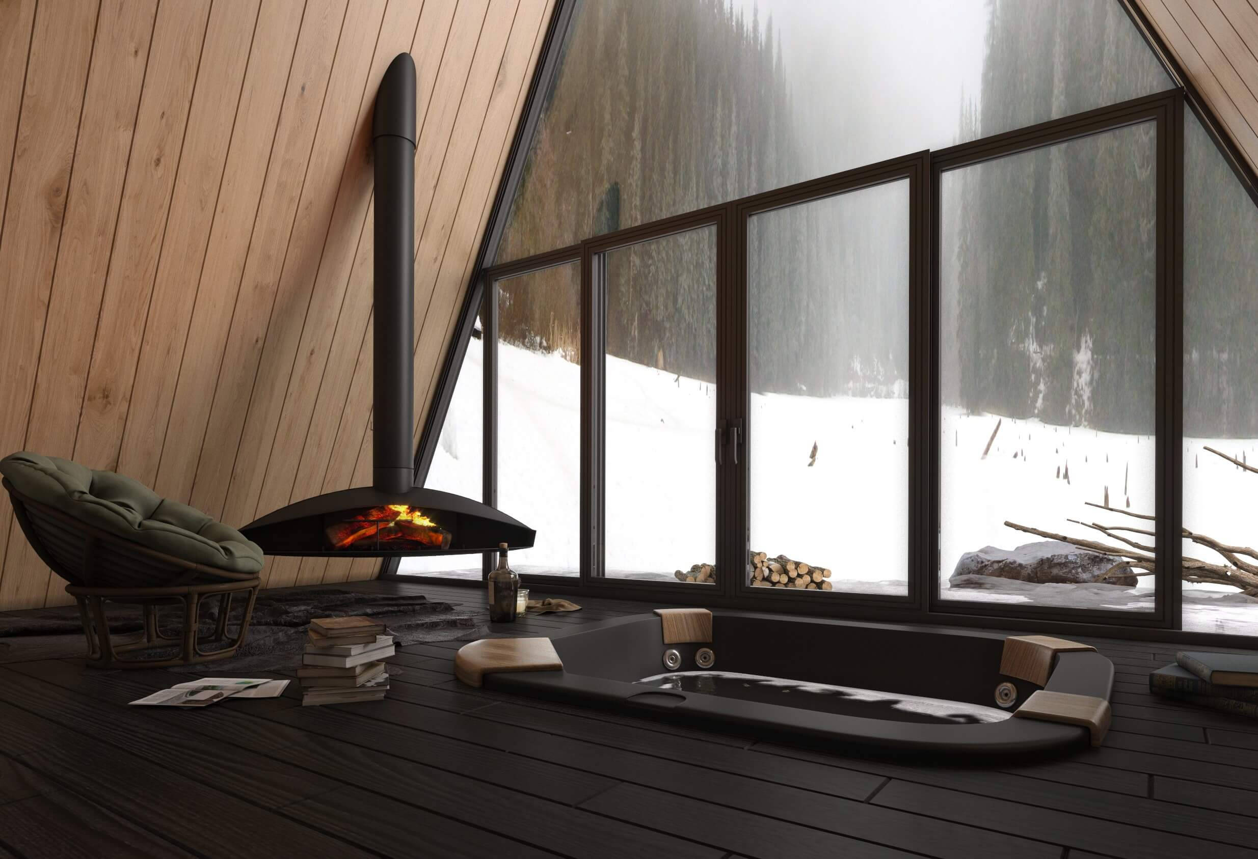 從溫馨小屋望見的冬日風景 壁紙 — 舒適的現代小屋內部，設有燃木爐灶和可俯瞰雪林的大窗戶。