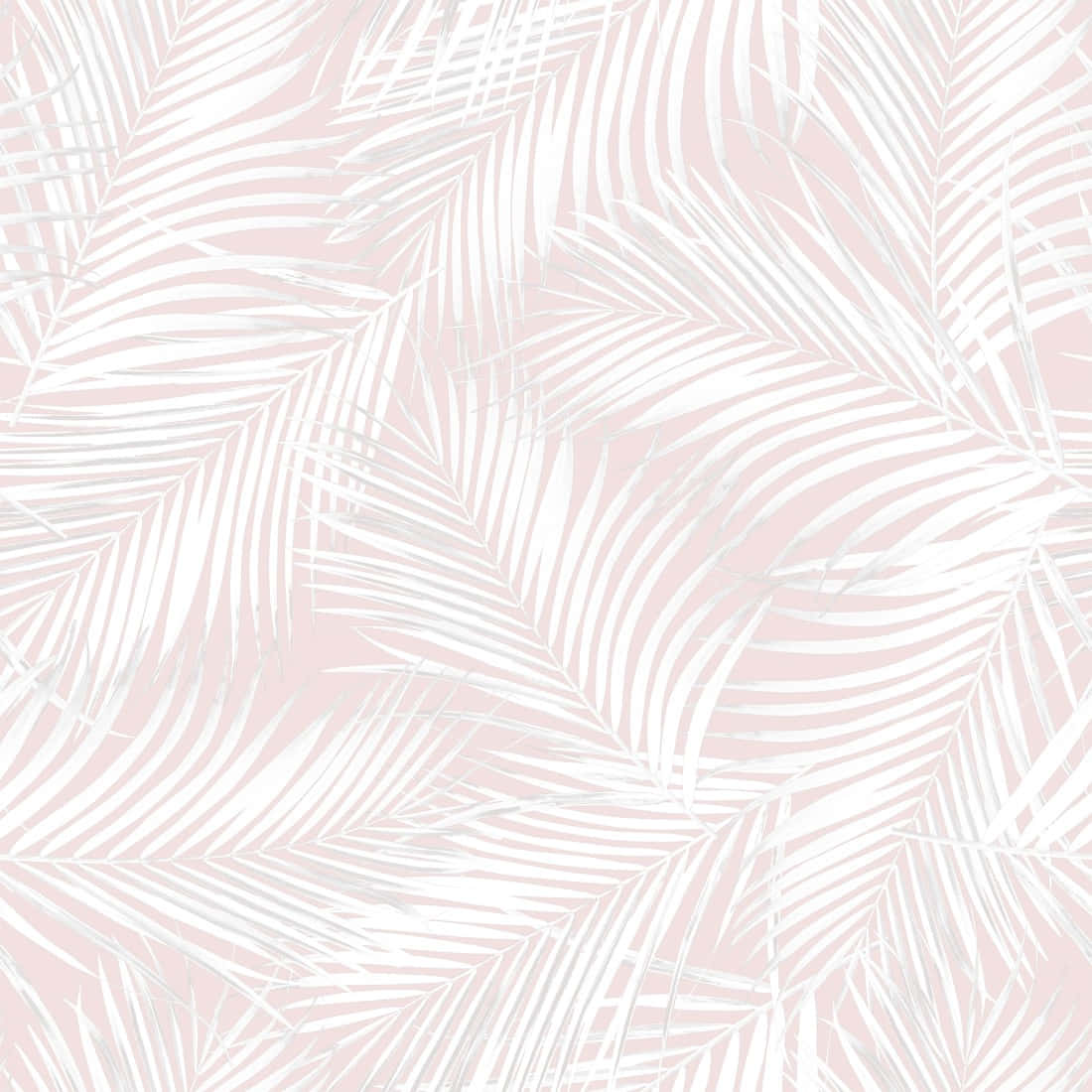 從現實中出走，步入熱帶天堂 壁紙 — 白色棕櫚葉在柔和的粉紅色背景上重疊，形成重複的熱帶圖案。