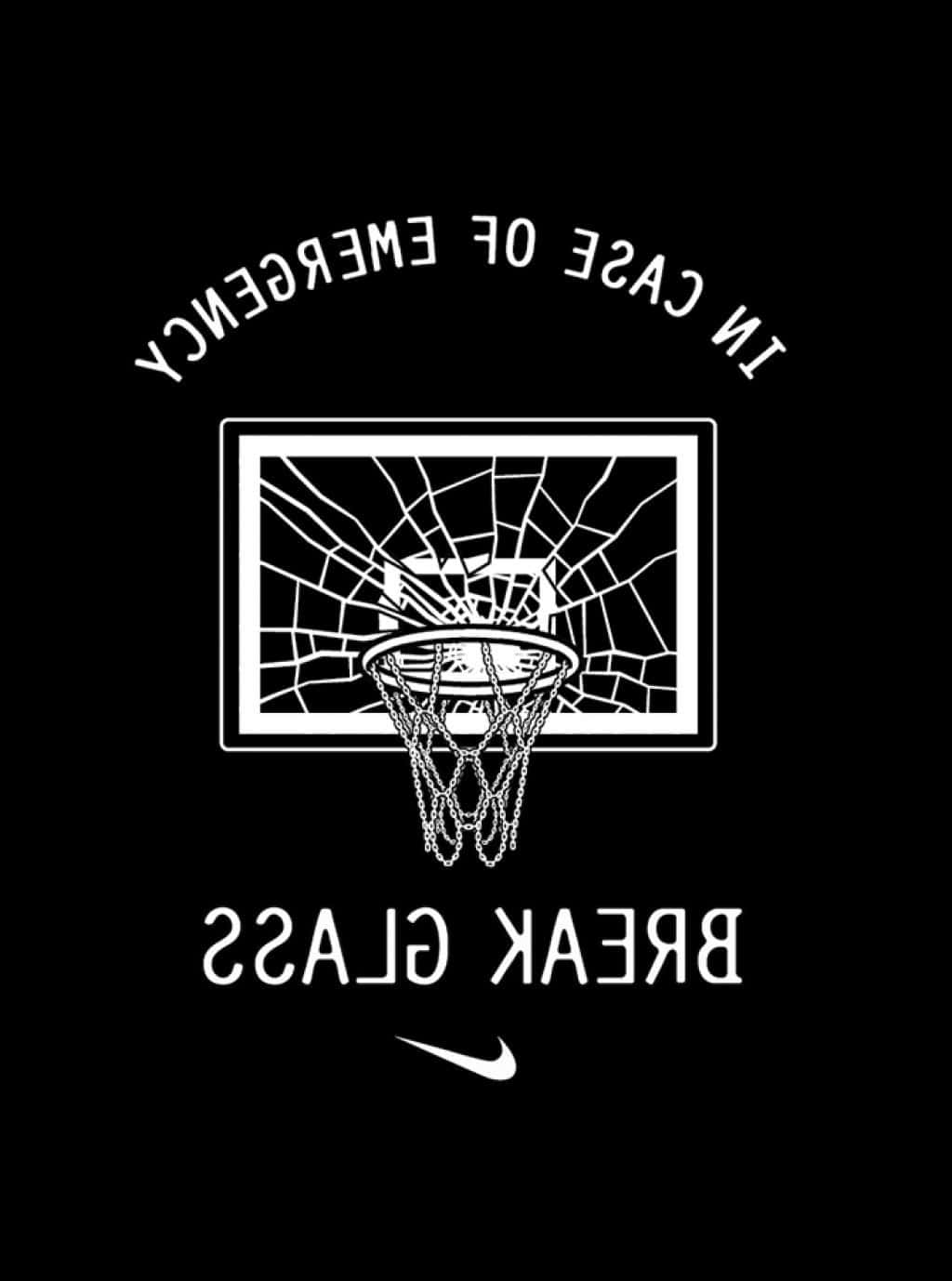 緊急破玻璃標誌，帶有籃球框和破裂背板及Nike標誌。