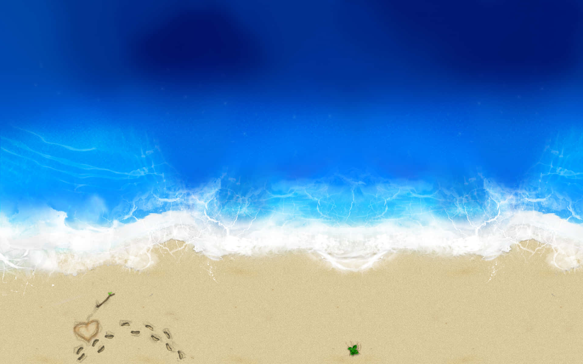 Beach Love 桌布 壁紙 — 從空中俯瞰，碧綠的海浪拍打著金色沙灘，沙灘上畫著一顆心和腳印。