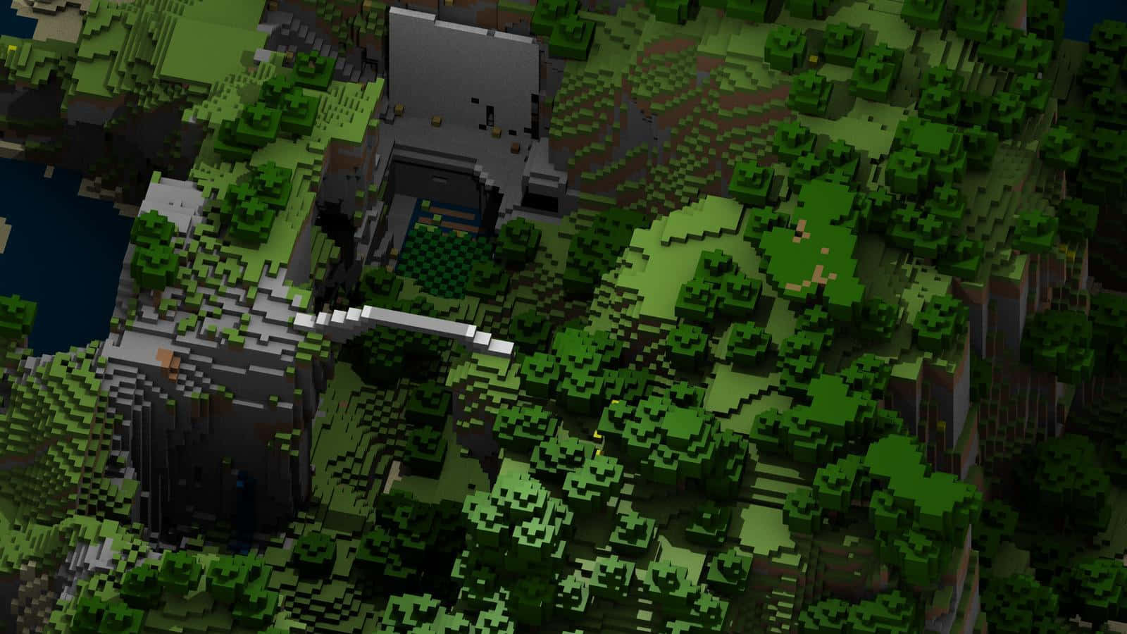 Cool Minecraft 桌布 壁紙 — 從空中俯瞰像素化Minecraft景觀，城堡和橋樑坐落在塊狀綠色森林和懸崖之間。